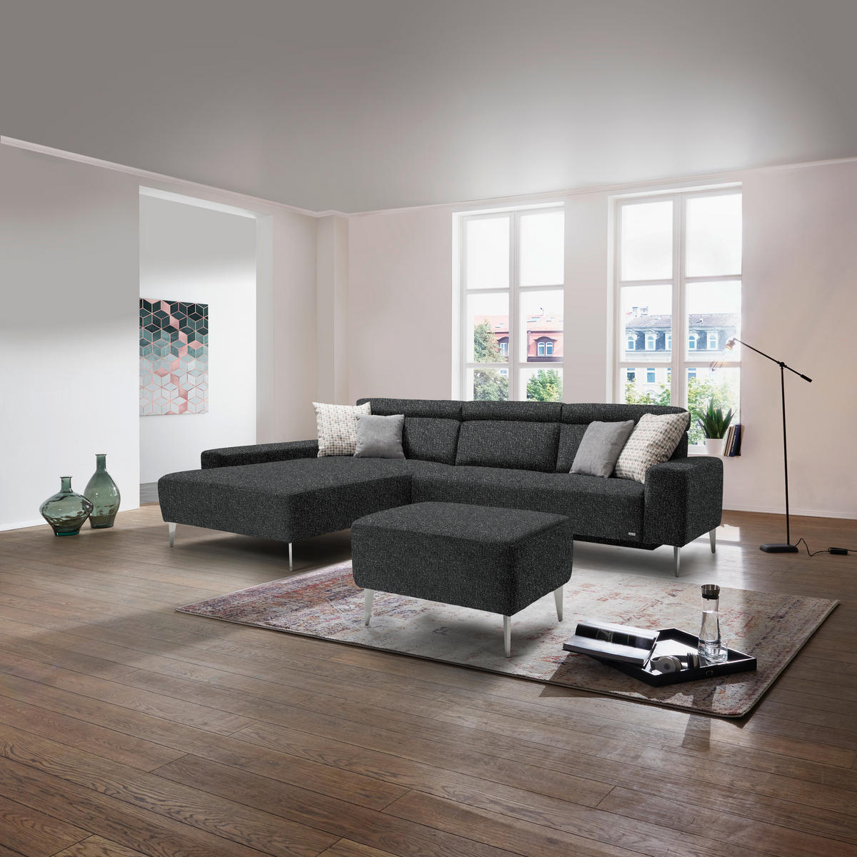 ECKSOFA  in Mikrovelours Anthrazit  205/308 cm  - Anthrazit/Alufarben, Design, Textil/Metall (205/308cm) - Sedda