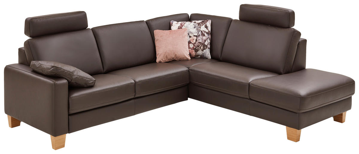 ECKSOFA Echtleder Dunkelbraun  - Eiche Bianco/Dunkelbraun, Natur, Leder/Holz (257/235cm) - Valdera