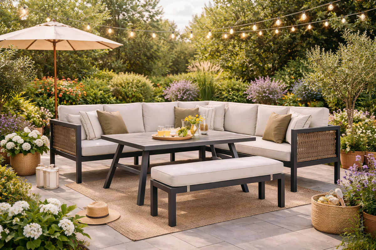 LOUNGEGARNITUR 16-teilig  - Anthrazit/Beige, Design, Kunststoff/Textil (242/195cm) - Amatio