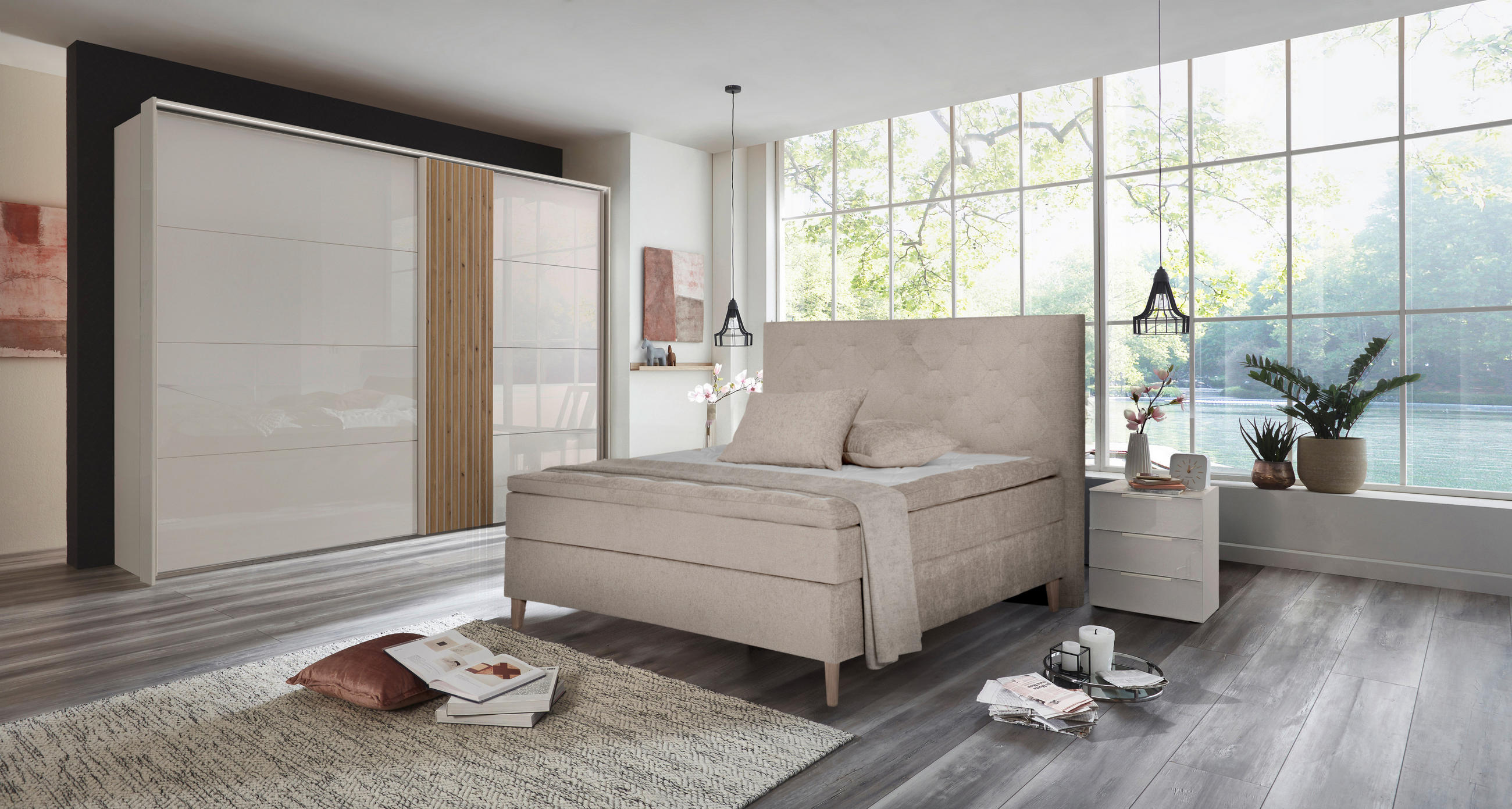 BOXSPRINGBETT 160/200 cm  in Beige  - Eichefarben/Beige, KONVENTIONELL, Holz/Textil (160/200cm) - Welnova