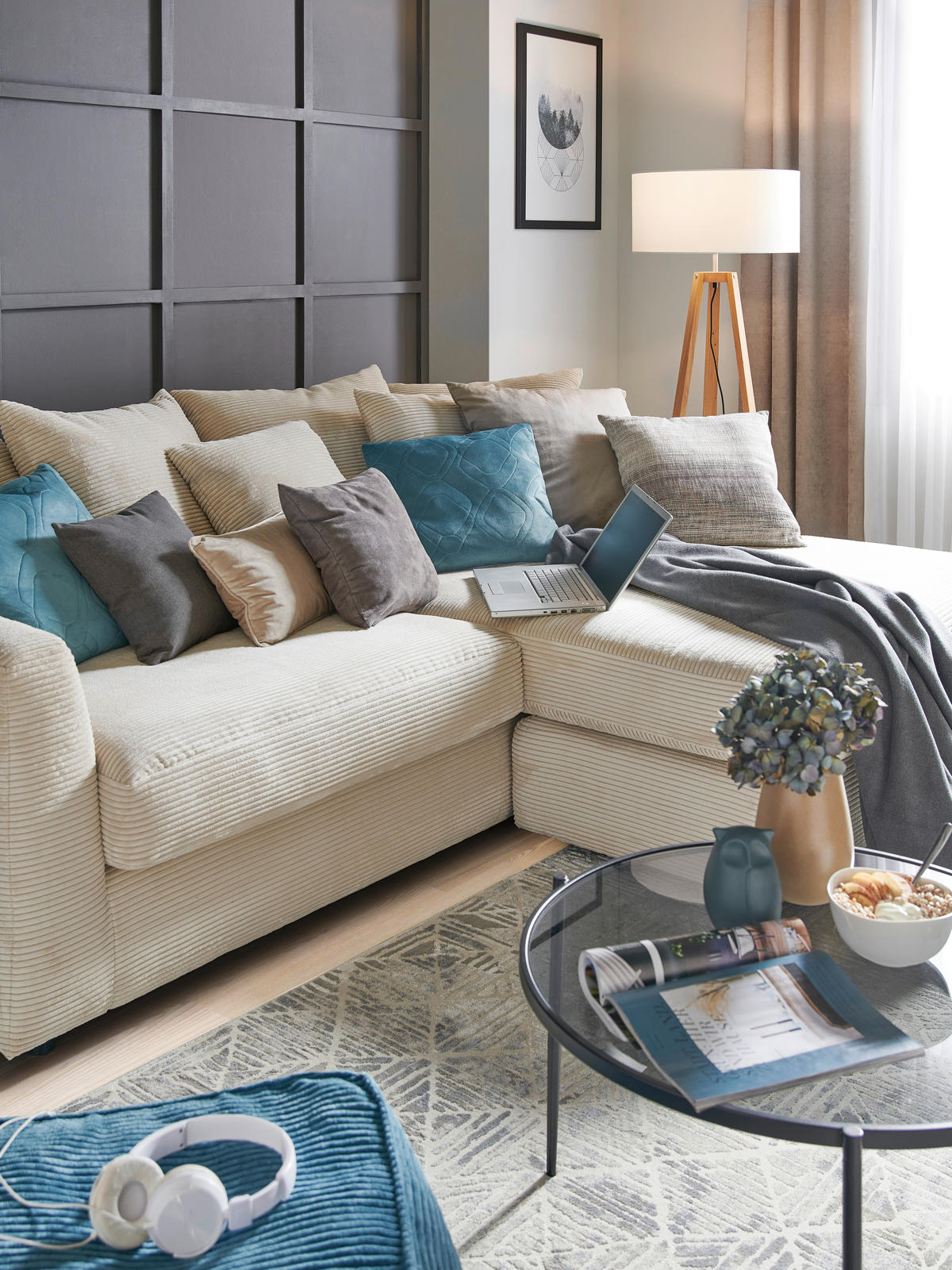 ECKSOFA Naturfarben Cord  - Schwarz/Naturfarben, Design, Kunststoff/Textil (235/175cm) - home24