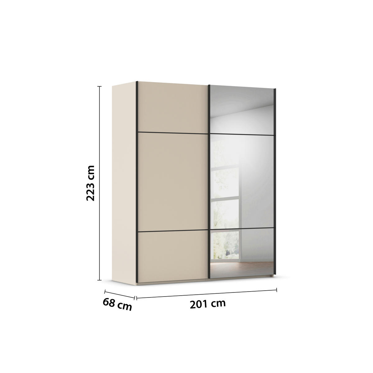 SCHWEBETÜRENSCHRANK 201/223/68 cm 2-türig Champagner  - Champagner/Schwarz, KONVENTIONELL, Glas/Holzwerkstoff (201/223/68cm) - Novel