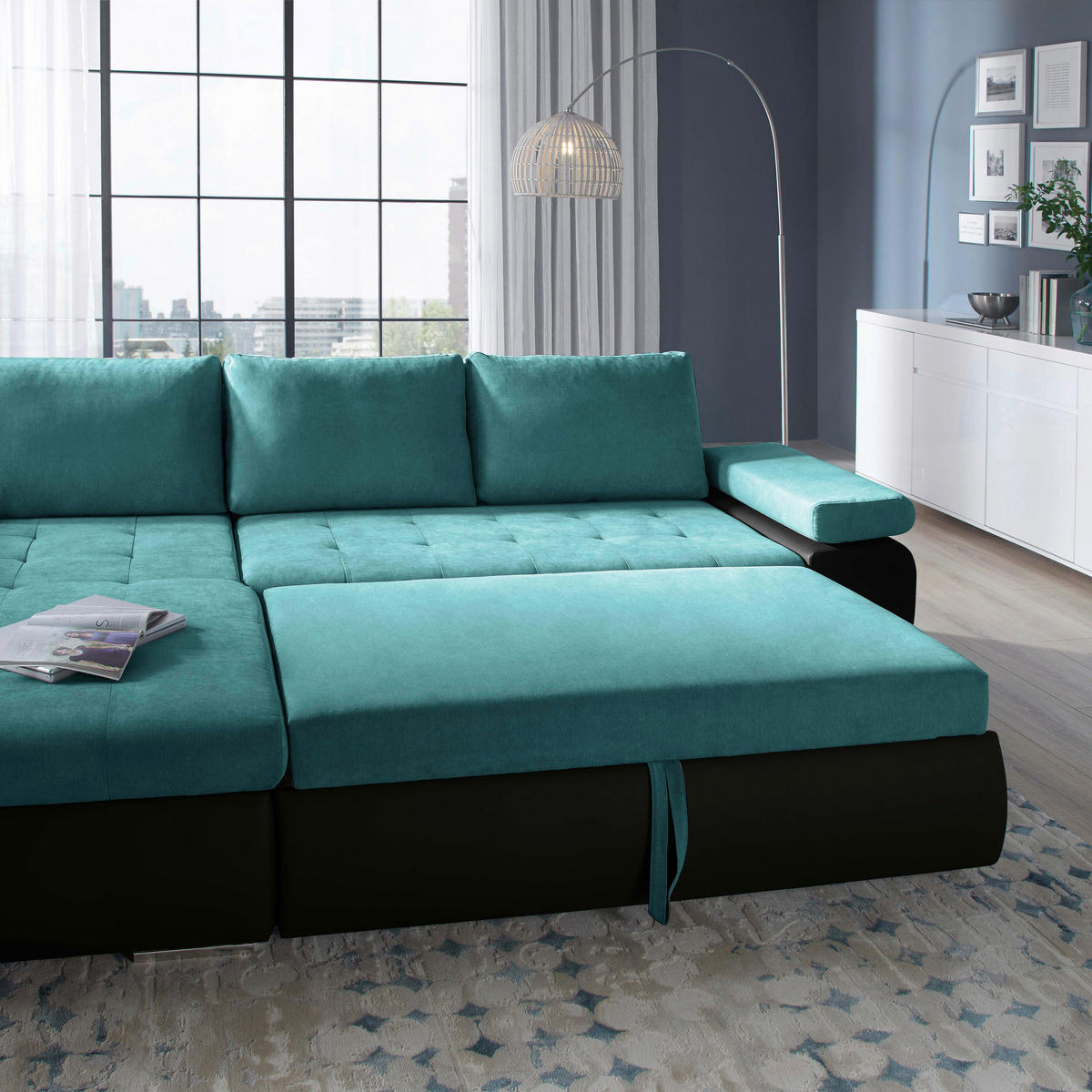 ECKSOFA in Flachgewebe Schwarz, Türkis  - Türkis/Schwarz, Design, Kunststoff/Textil (175/271cm) - MID.YOU