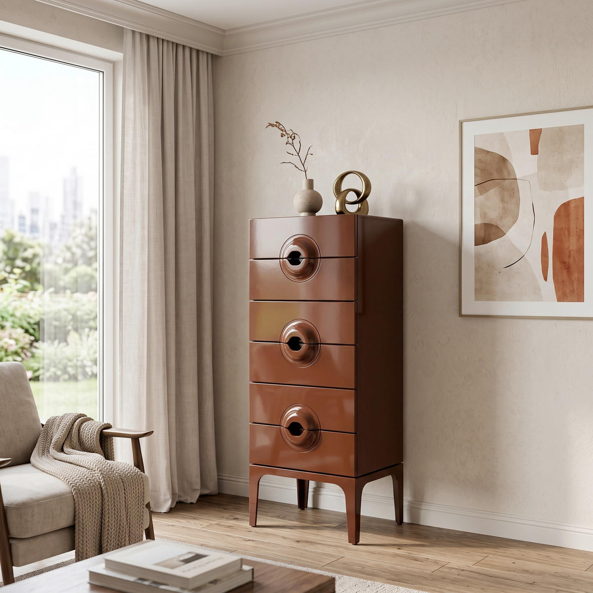 KOMMODE Merge, 44/120/45 cm, 6 Schublade(n)  - Rot/Braun, Design, Holz (44/120/45cm) - Livetastic