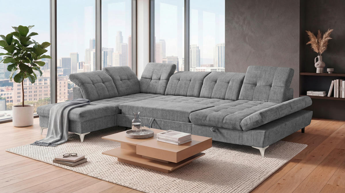 WOHNLANDSCHAFT Mikrovelours Grau  - Kaschmir/Grau, Modern, Kunststoff/Textil (245/348/168cm) - MID.YOU