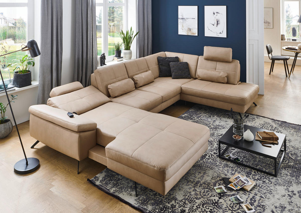 WOHNLANDSCHAFT in Lederlook, Mikrofaser Hellbraun, Haselnussfarben  - Hellbraun/Schwarz, Design, Textil/Metall (345/220cm) - Beldomo System