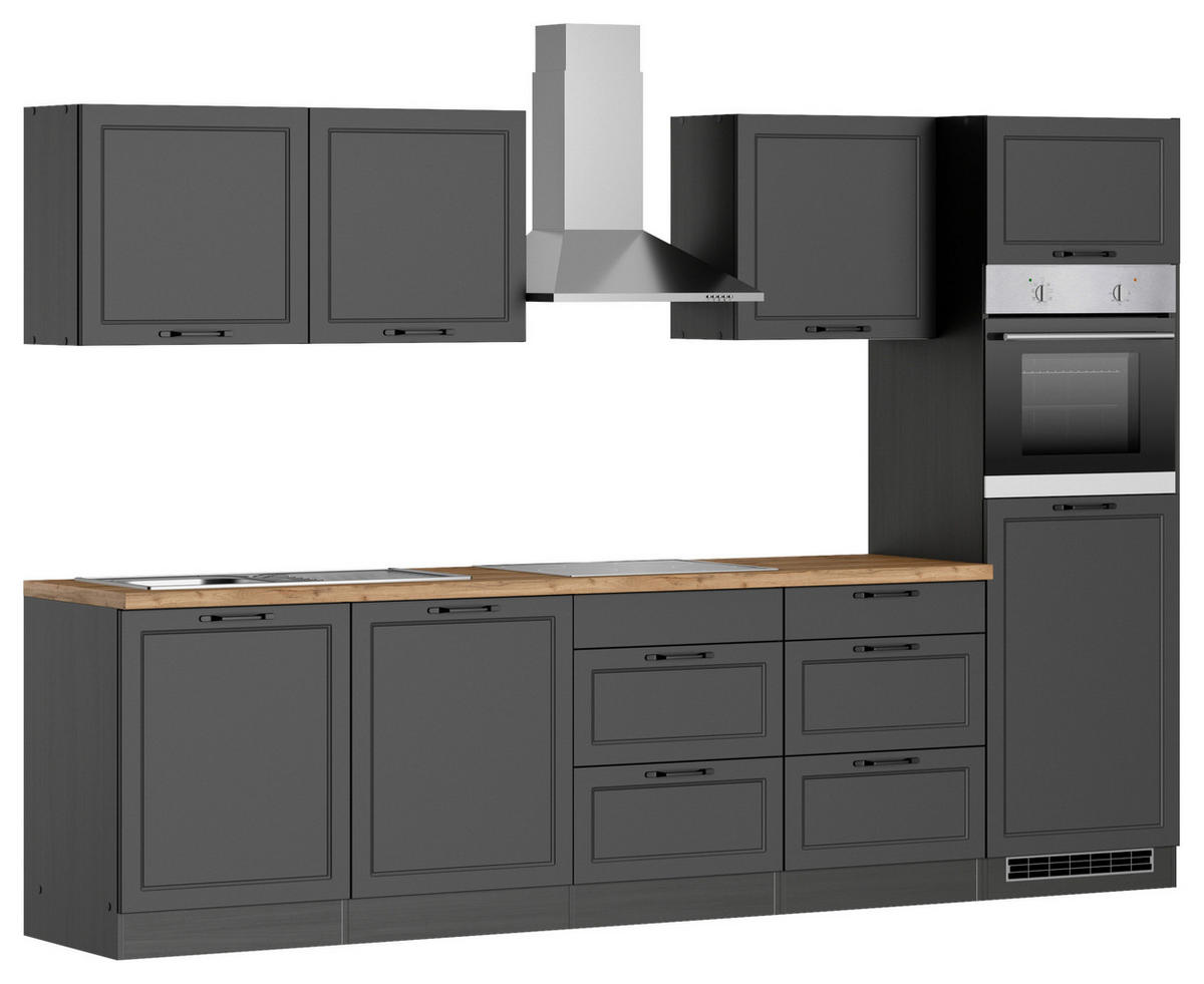 KÜCHENBLOCK 300 cm   in Grau, Eiche Wotan  - Eiche Wotan/Schwarz, Lifestyle, Holzwerkstoff/Metall (300cm) - Held