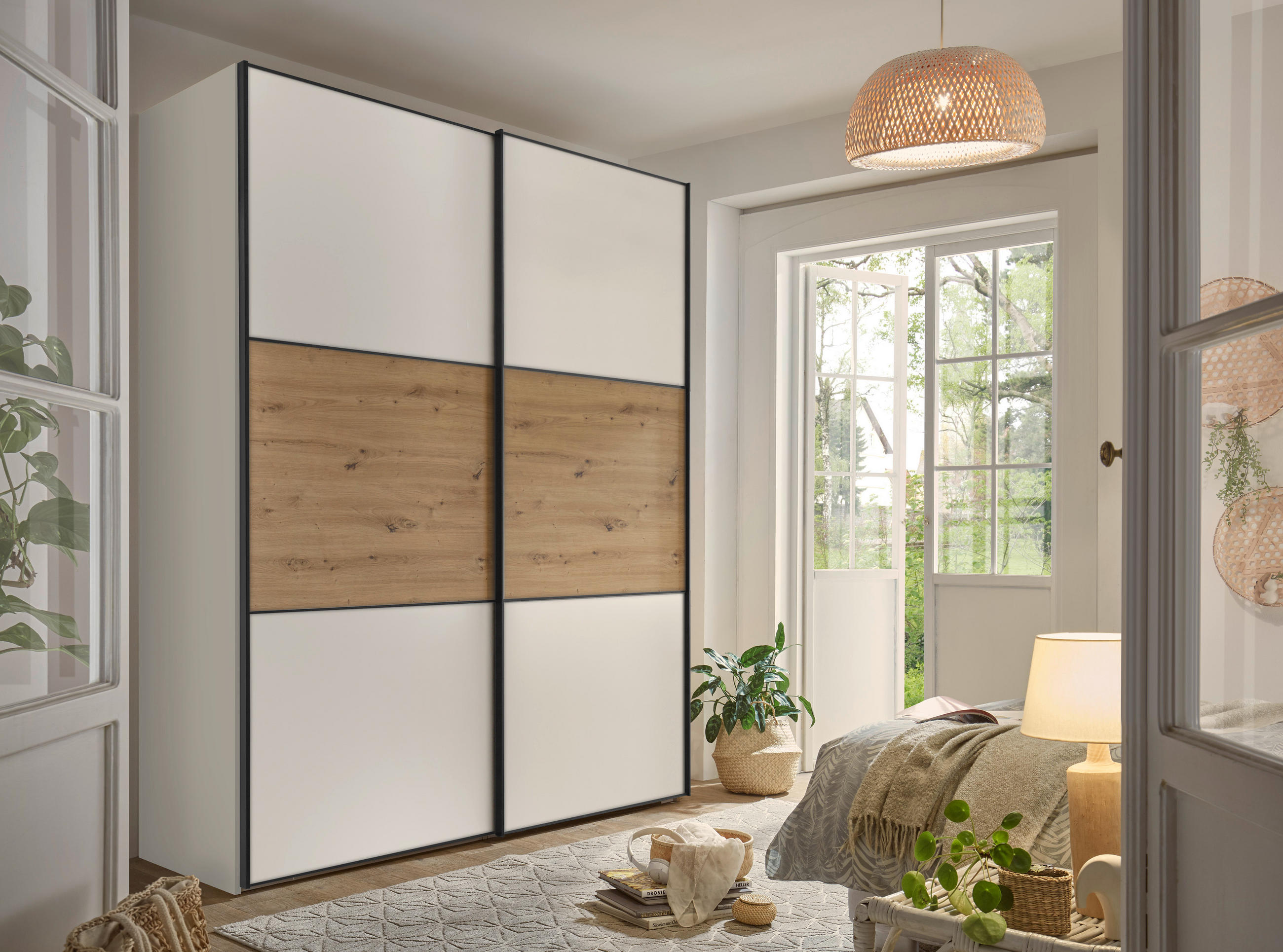 SCHWEBETÜRENSCHRANK 167/222/68 cm 2-türig Weiß, Eiche Artisan  - Schwarz/Weiß, Holzwerkstoff/Metall (167/222/68cm) - Moderano