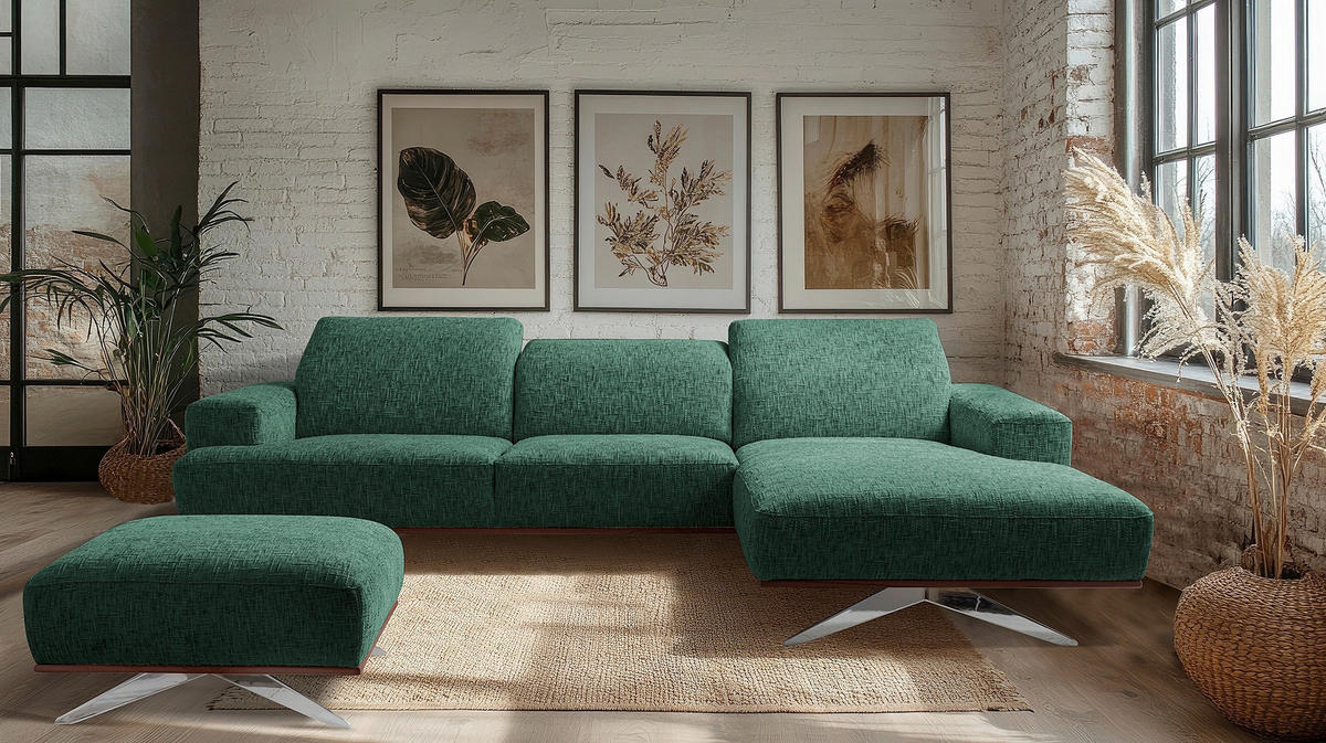 ECKSOFA PORTLAND in Struktur Grün Kopfteilverstellung  295/187 cm  - Chromfarben/Grün, Design, Holz/Textil (295/187cm) - Livetastic