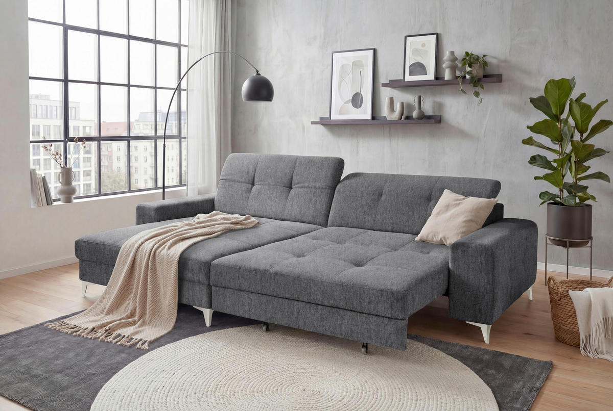 ECKSOFA SORELLA Anthrazit Mikrovelours Kopfteilverstellung, Sitztiefenverstellung  - Kaschmir/Anthrazit, Design, Kunststoff/Textil (182/328cm) - MID.YOU