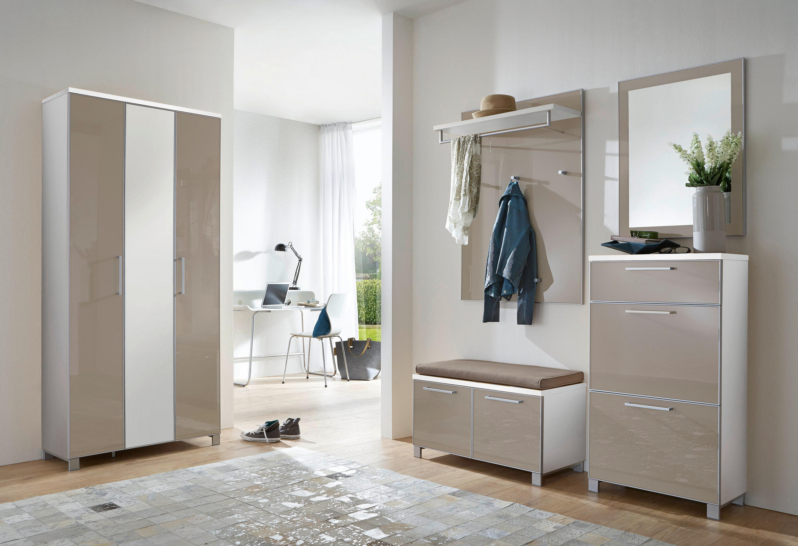 GARDEROBE Weiß, Taupe - Taupe/Weiß, Design, Glas/Textil (155/195/40cm)