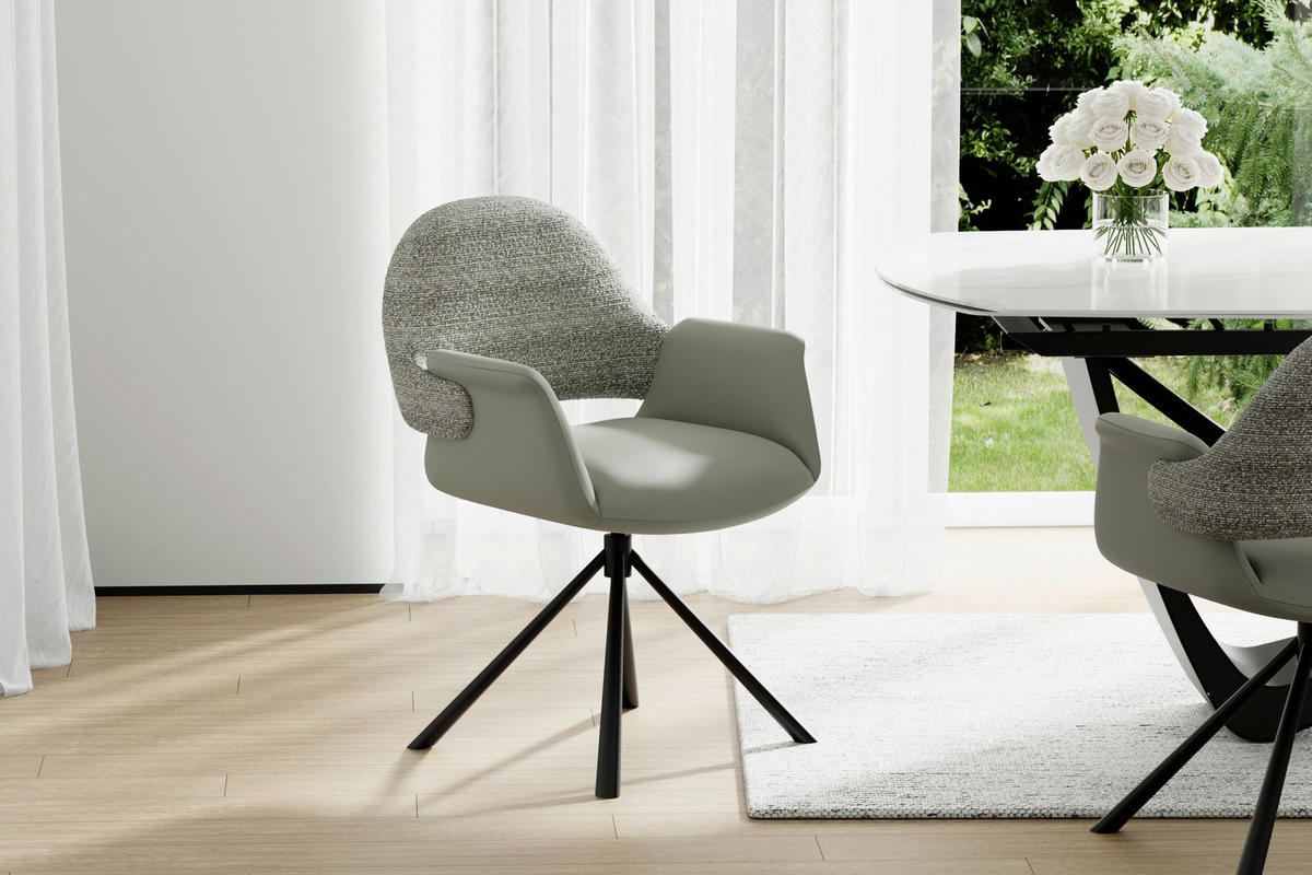 ARMLEHNSTUHL  Sitzfläche 360° drehbar, inklusive Armlehnen, automatische Rückholfunktion Webstoff Echtleder  - Salbeigrün/Schwarz, Design, Leder/Textil (62,5/86/64cm) - Novel