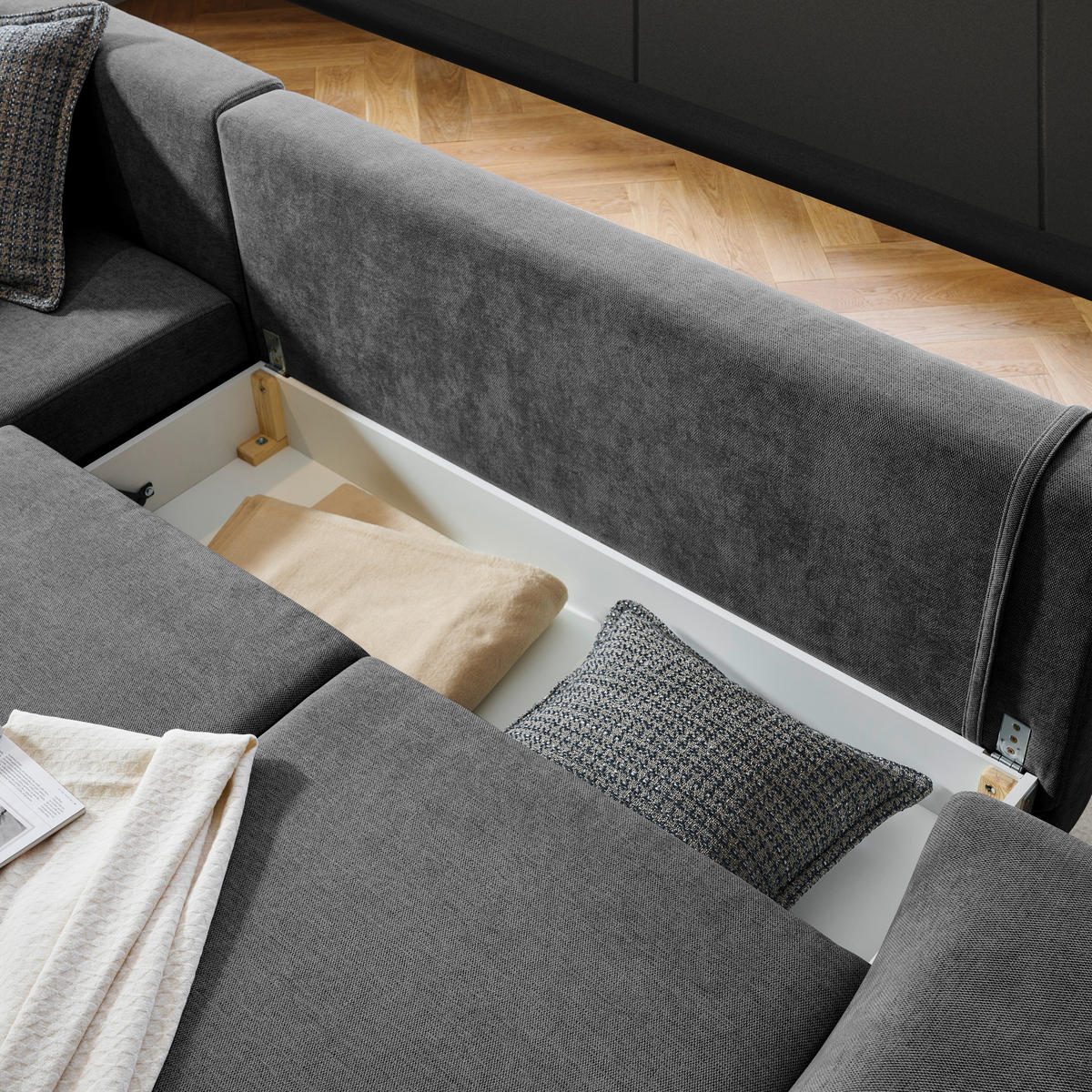 ECKSOFA inkl. Funktionen Grau Webstoff Rückenkissen, Bettkasten, Schlaffunktion, Rücken echt  - Wengefarben/Schwarz, Design, Holz/Textil (211/314cm) - Stylife