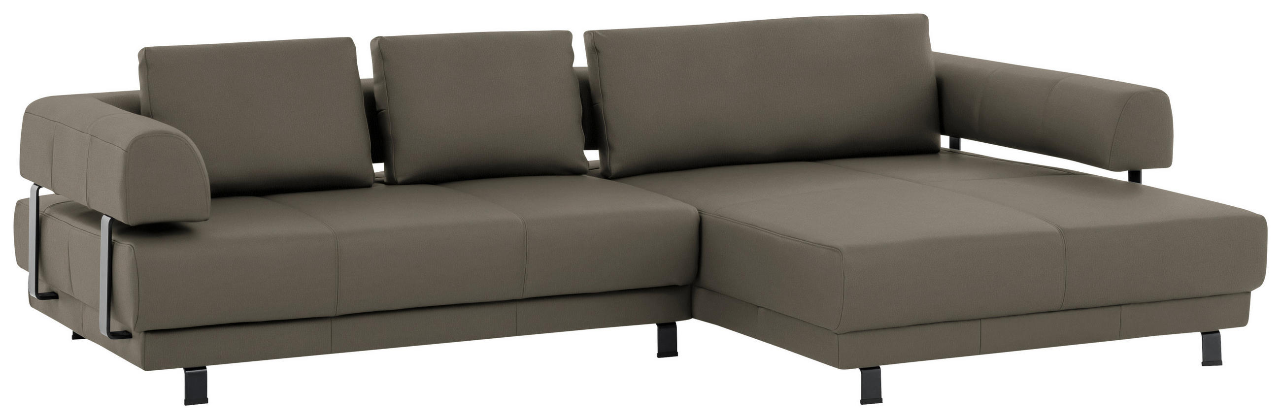 ECKSOFA in Echtleder Graubraun  - Graubraun/Schwarz, Design, Leder/Metall (307/188cm)