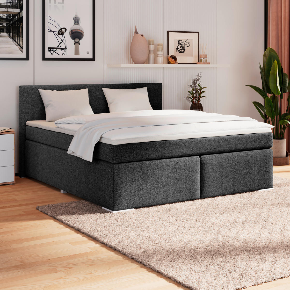 BOXSPRINGBETT 180/200 cm  in Schwarz  - Alufarben/Schwarz, Basics, Kunststoff/Textil (180/200cm) - Boxxx