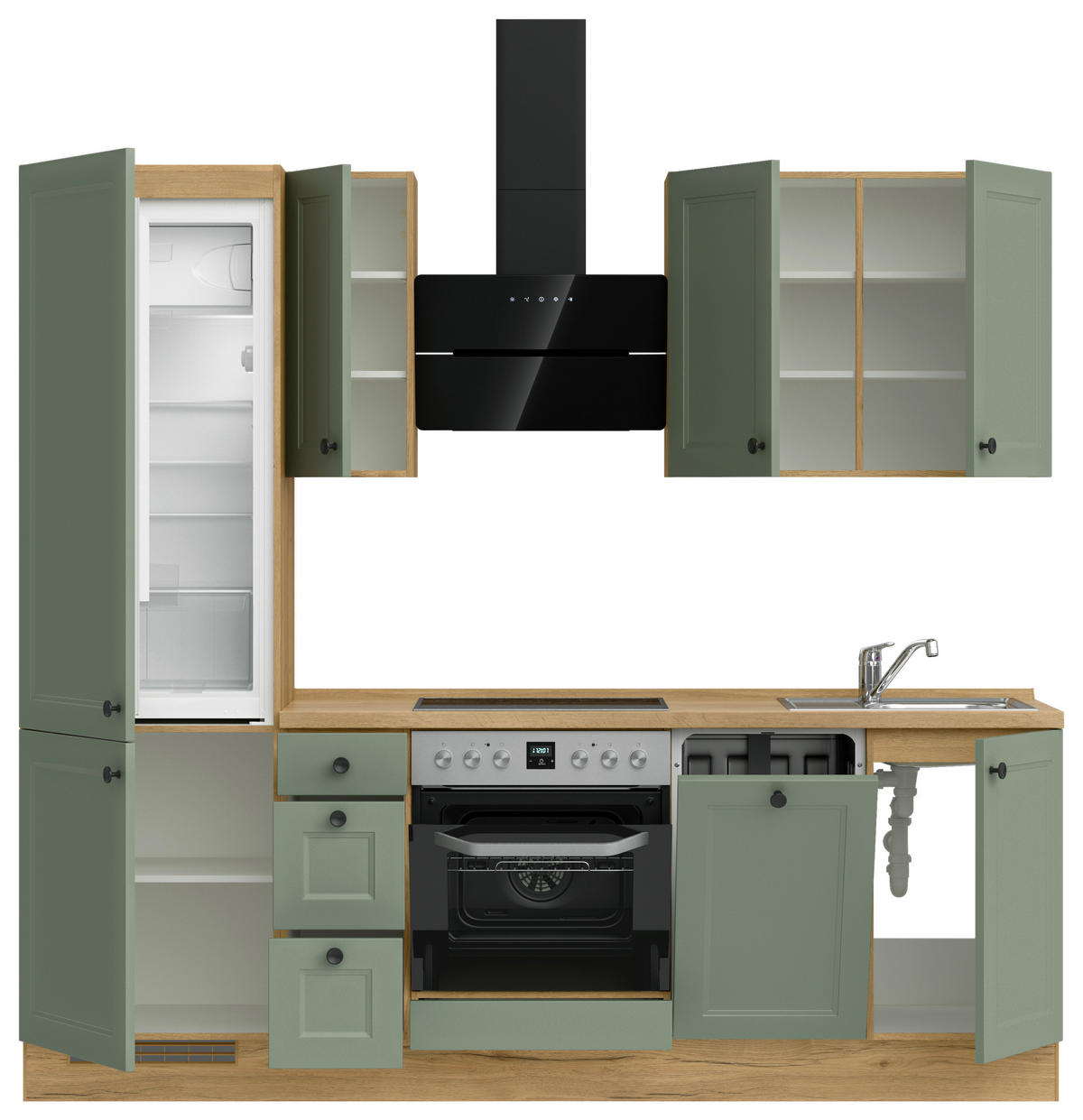 KÜCHENBLOCK Cascada 240 cm  in Eichefarben, Schilfgrün  - Schilfgrün/Eichefarben, MODERN, Holzwerkstoff/Metall (240cm) - Nobilia