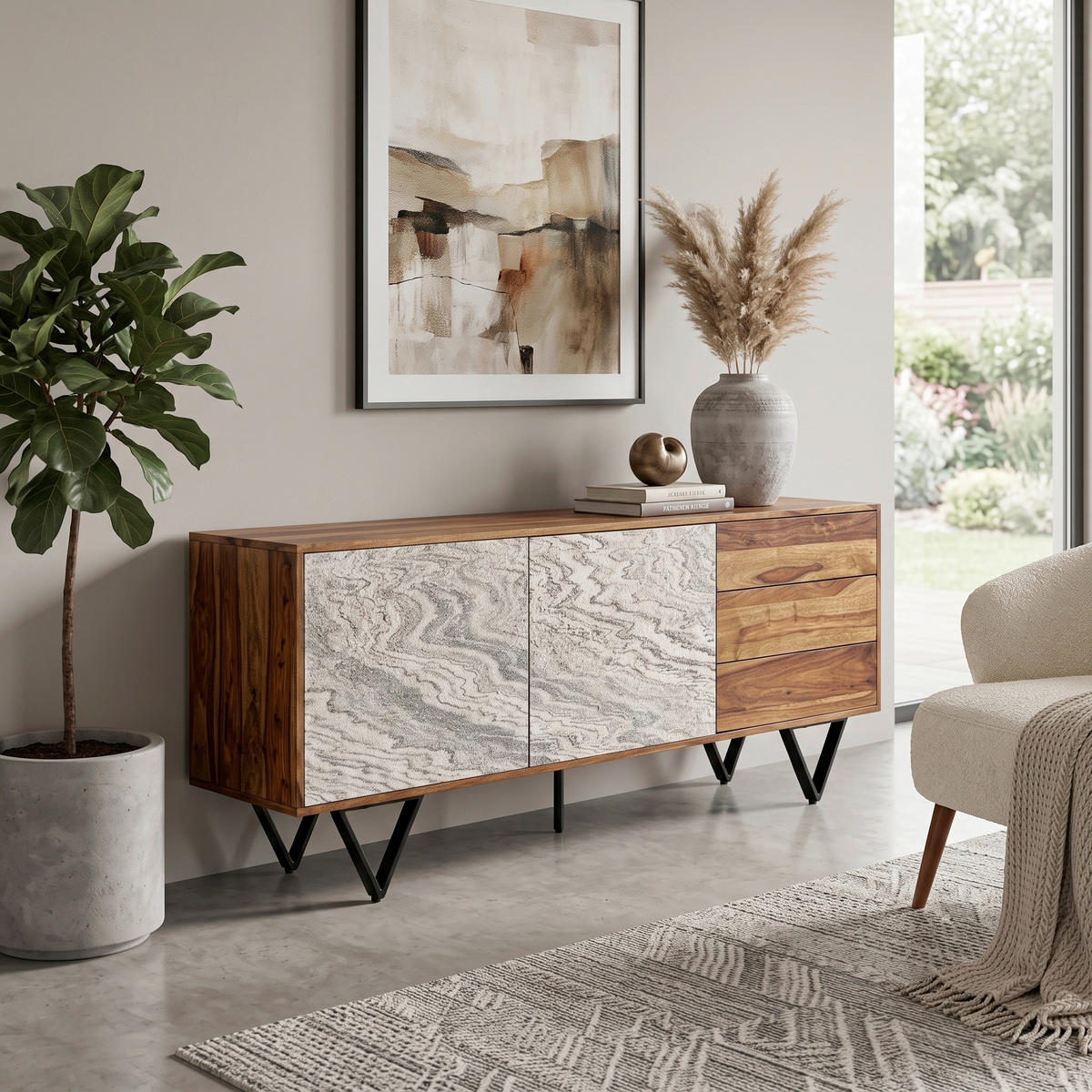 SIDEBOARD  175/71/40 cm 3 låda(or)  - vit/sheshamfärgad, Natur, metall/trä (175/71/40cm) - Livetastic