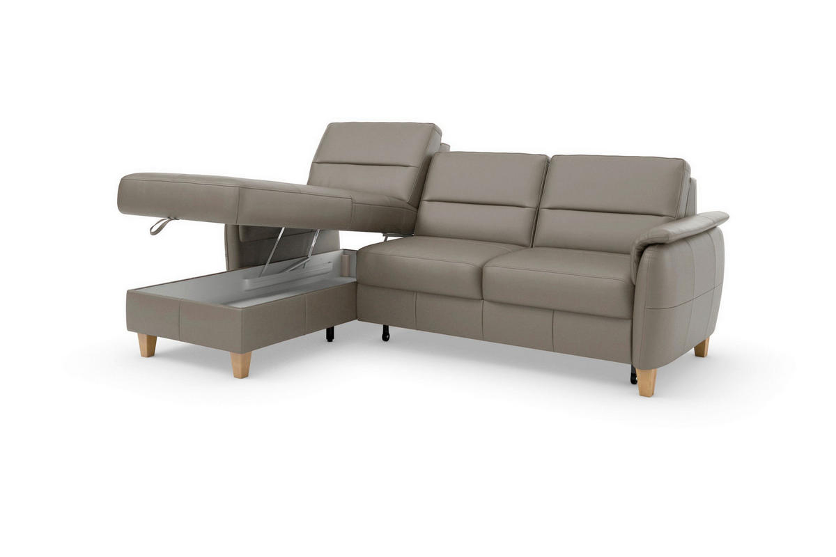 ECKSOFA PALMERA E Grau Kombination Echtleder/Stoff Mikrofaser Bettkasten  - Eichefarben/Grau, Basics, Leder/Holz (163/244cm) - Sit & More