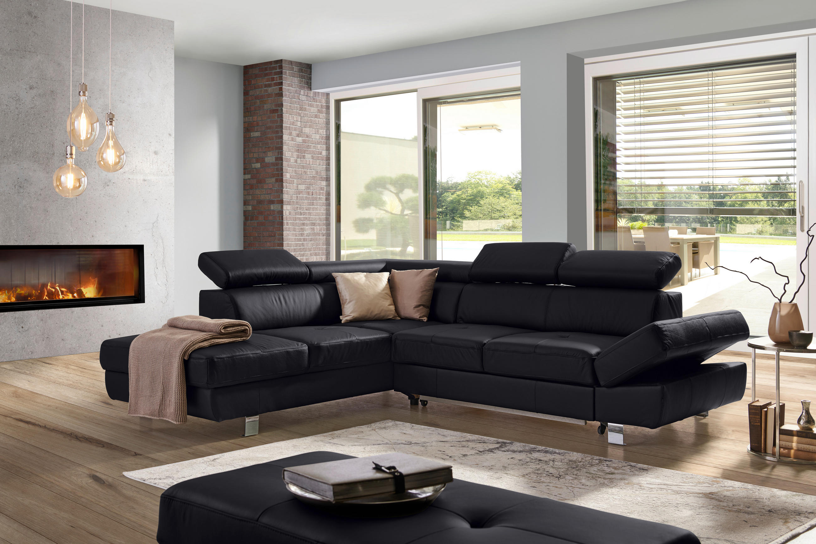 ECKSOFA in Lederlook Kombination Echtleder/Lederlook Schwarz  265/212 cm  - Chromfarben/Schwarz, Design, Leder/Textil (265/212cm) - Stylife