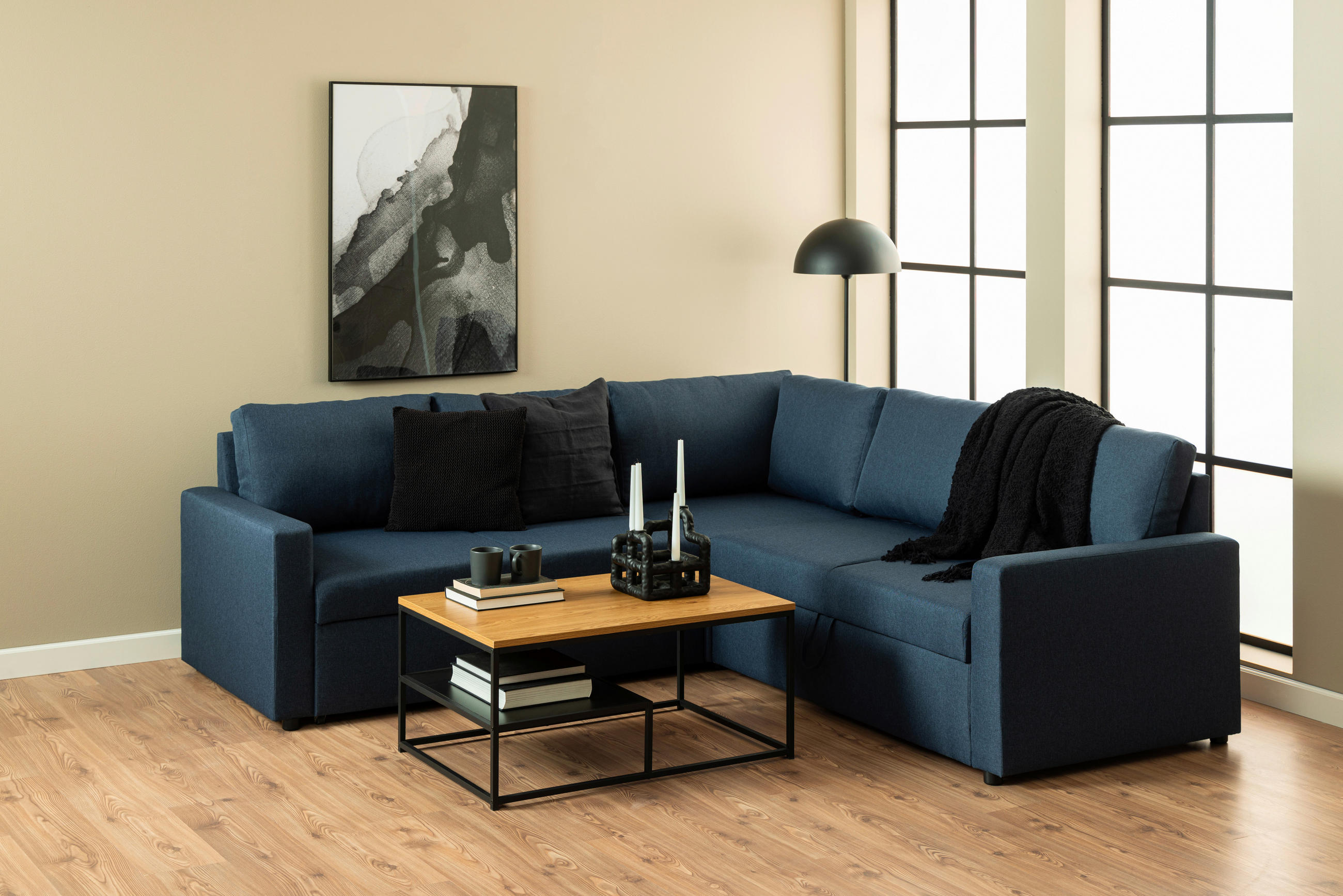 COUCHTISCH furniert 90/60/42 cm quadratisch Eichefarben  - Eichefarben/Schwarz, Design, Holzwerkstoff/Metall (90/60/42cm) - Livetastic