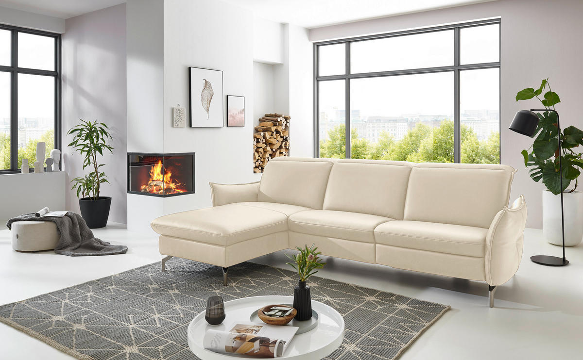 ECKSOFA in Lederlook (vegan) Ecru  - Ecru/Nickelfarben, Modern, Textil/Metall (179/263cm) - Livetastic
