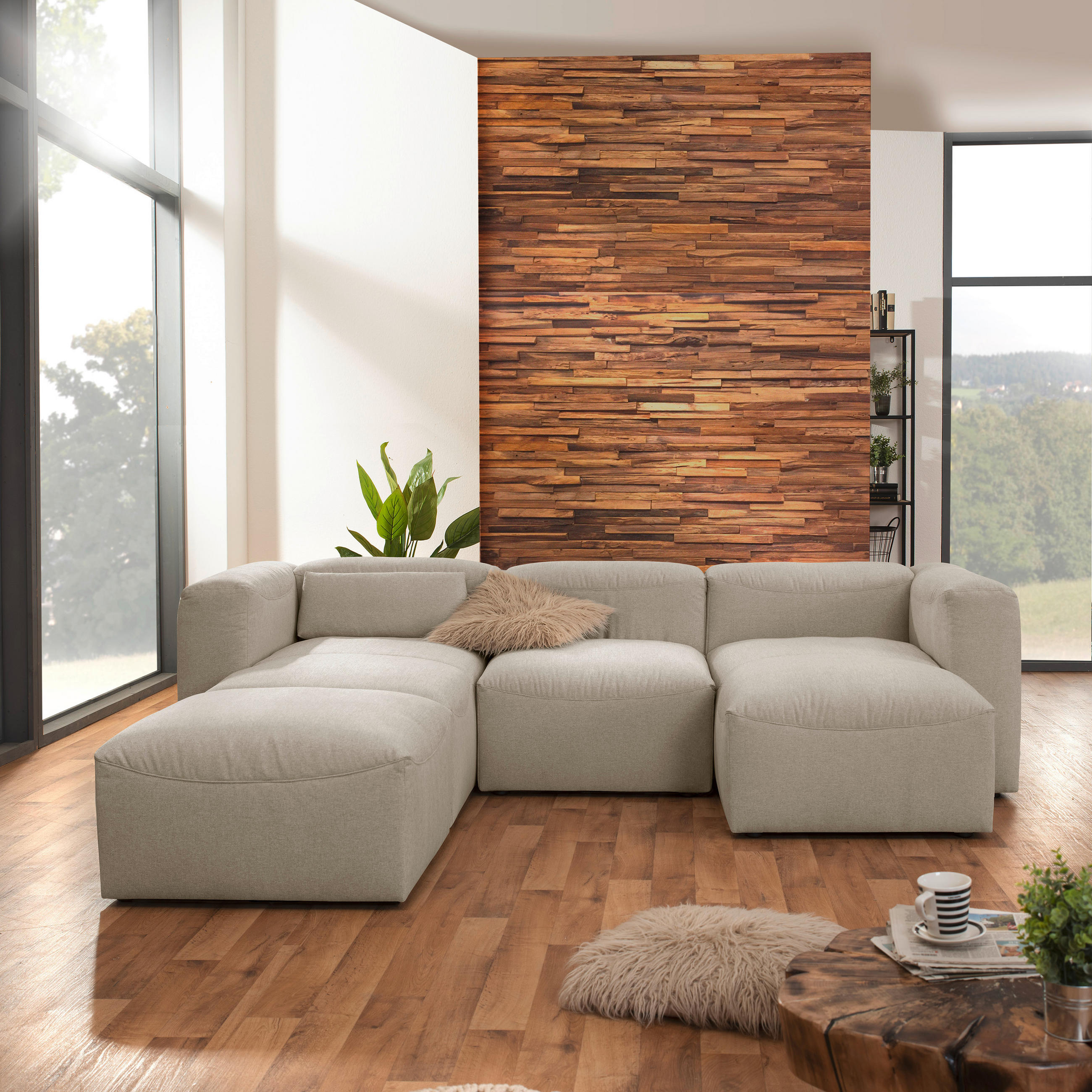 WOHNLANDSCHAFT Creme Flachgewebe  - Creme, Design, Kunststoff/Textil (235/275/160cm) - Max Winzer