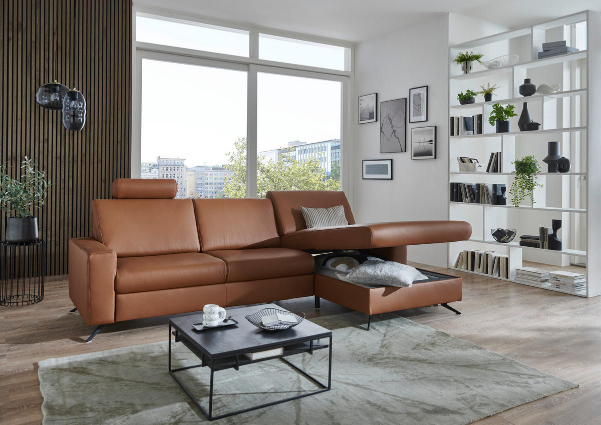 ECKSOFA in Echtleder Cognac  - Cognac/Schwarz, Design, Leder/Metall (267/165cm) - Lomoco