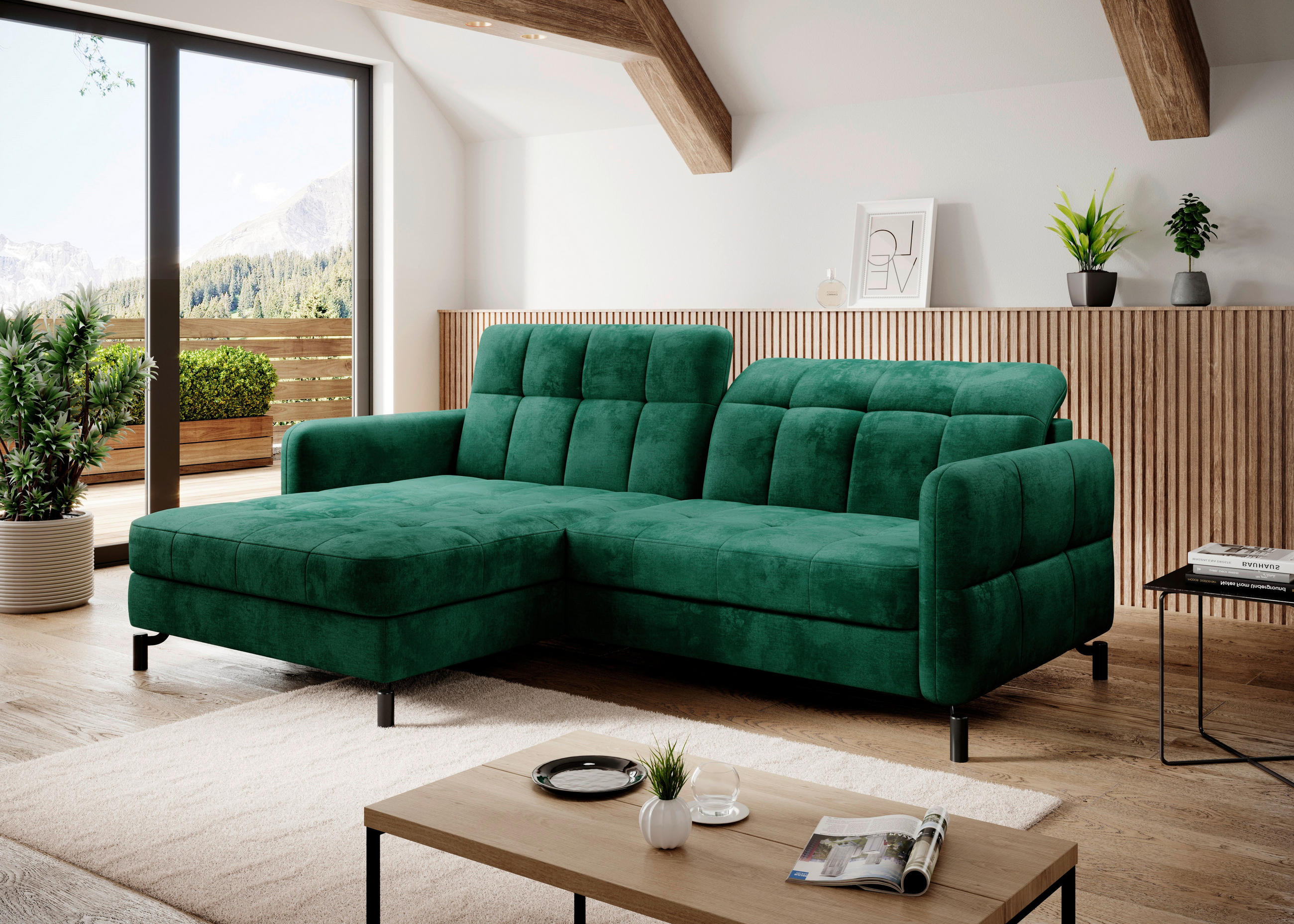 ECKSOFA in Samt Grün  160/225 cm  - Grün, Design, Textil/Metall (160/225cm) - MID.YOU