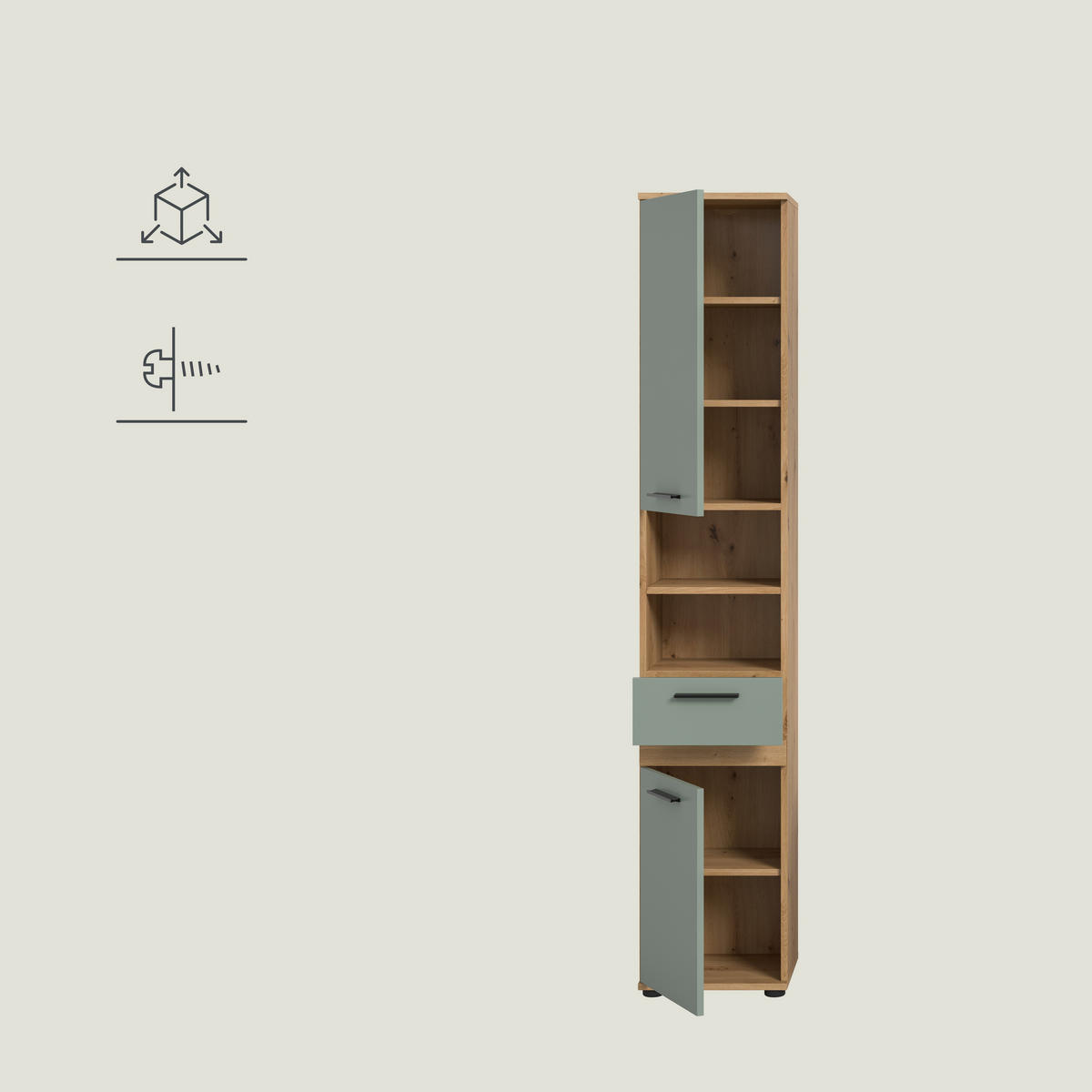 HOCHSCHRANK 35/191/31 cm  - Salbeigrün/Schwarz, Trend, Holzwerkstoff/Kunststoff (35/191/31cm) - MID.YOU