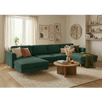 WOHNLANDSCHAFT Cord Dunkelgrün  - Dunkelgrün/Buchefarben, Modern, Holz/Textil (161/306/161cm) - Trendmanufaktur