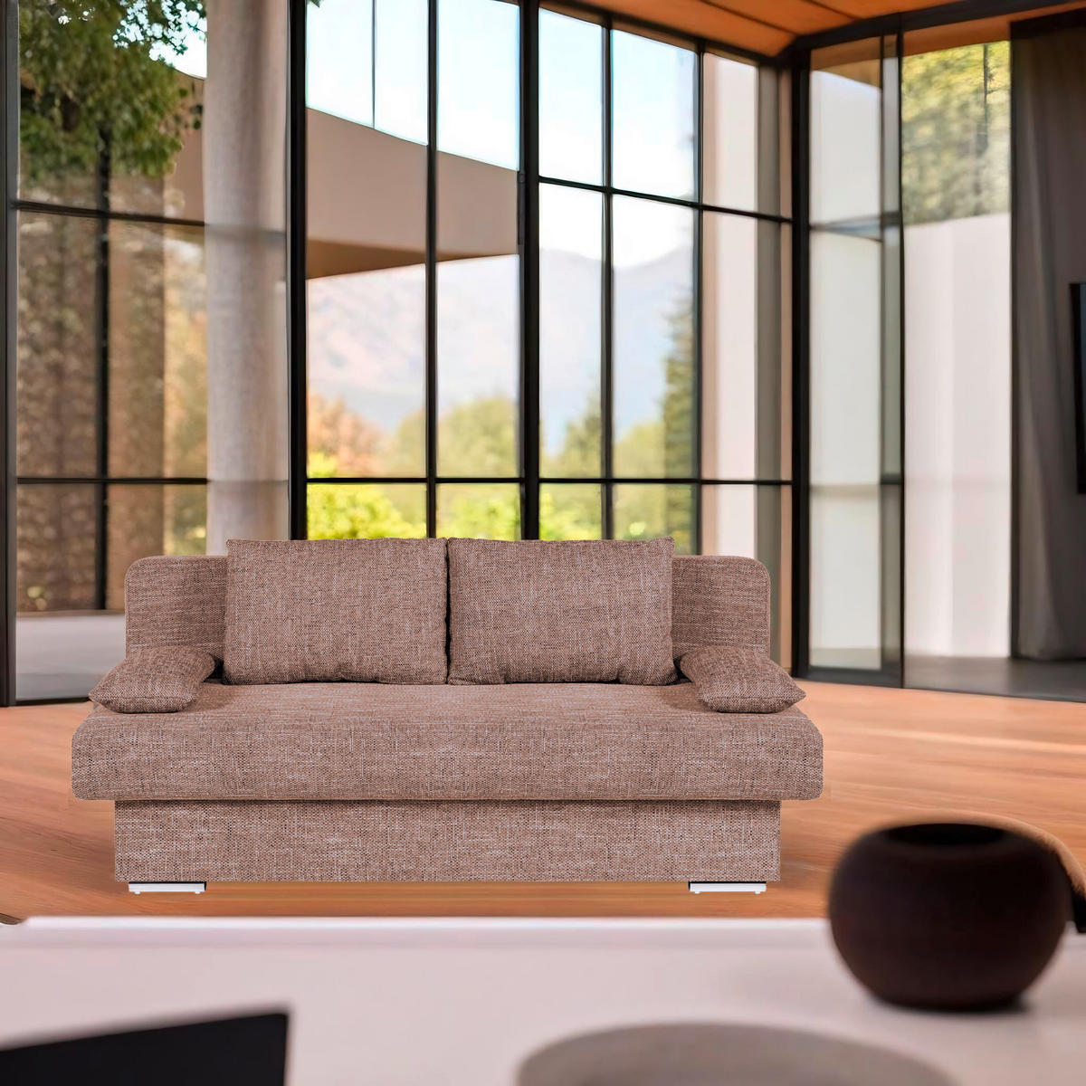 SCHLAFSOFA  mit Liegefunktion, Rücken echt Webstoff Cappuccino  - Chromfarben/Schwarz, Design, Kunststoff/Textil (193/85/86cm) - P & B