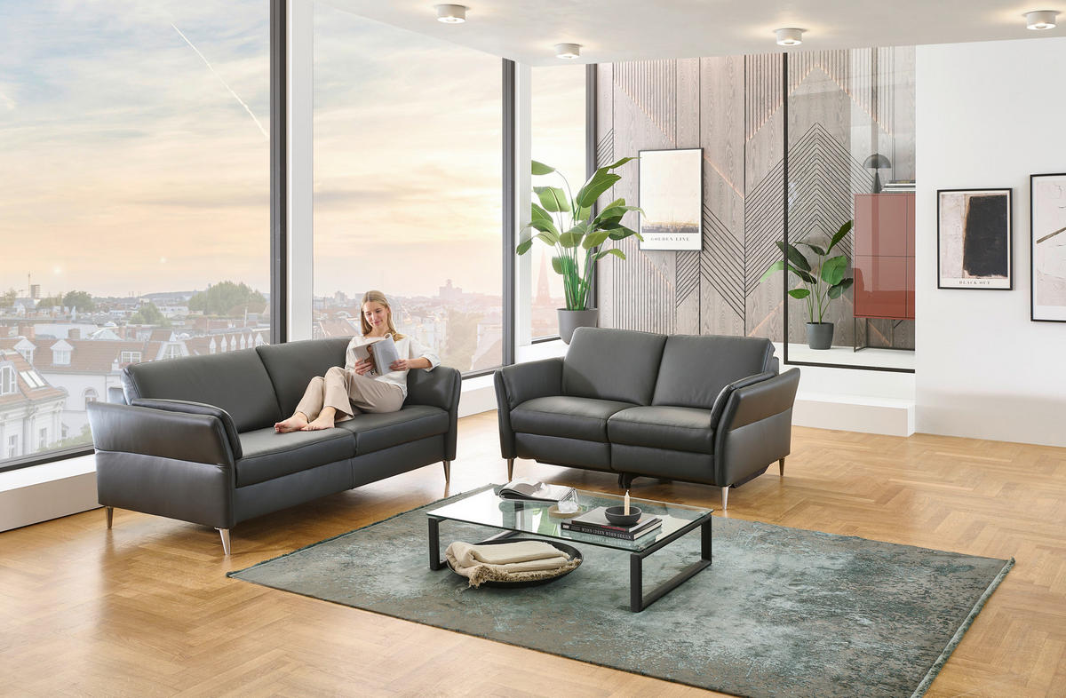 3-SITZER-SOFA Echtleder Anthrazit  - Anthrazit/Alufarben, Konventionell, Leder/Metall (190/84/99cm) - Dieter Knoll