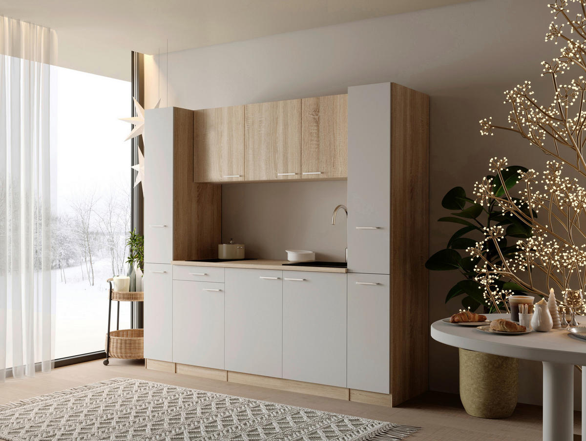 KÜCHENBLOCK Ingrid 210 cm  in Weiß  - Eichefarben/Alufarben, Design, Holzwerkstoff/Kunststoff (210cm) - Respekta