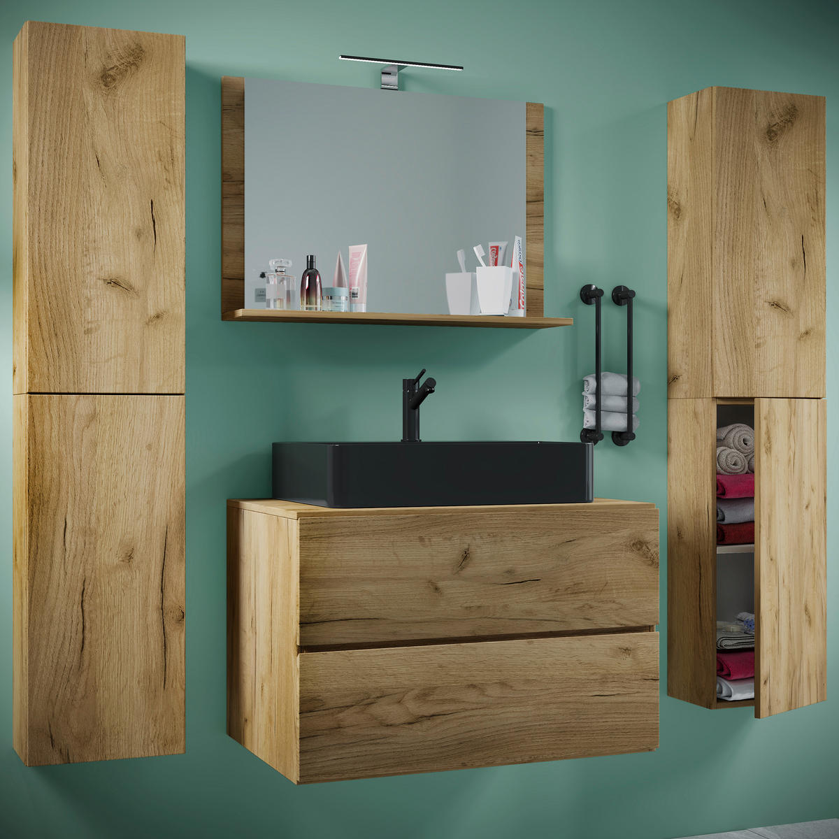 BADEZIMMER 5-teilig  in 146 cm  - Honigeiche/Schwarz, Modern, Glas/Keramik (146cm) - MID.YOU