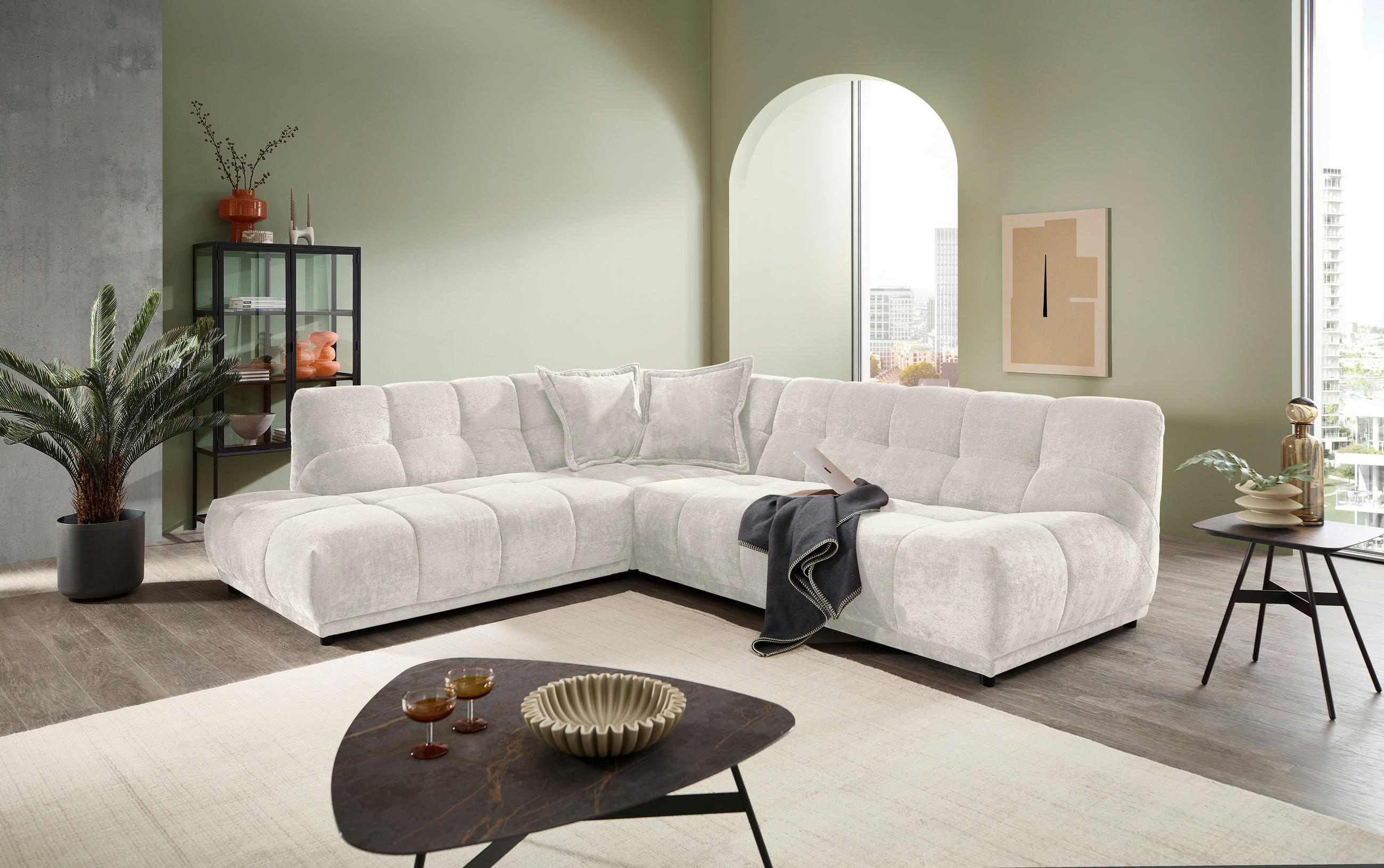 ECKSOFA ITALIA in Chenille Creme  250/284 cm  - Creme/Schwarz, MODERN, Kunststoff/Textil (250/284cm) - Livetastic