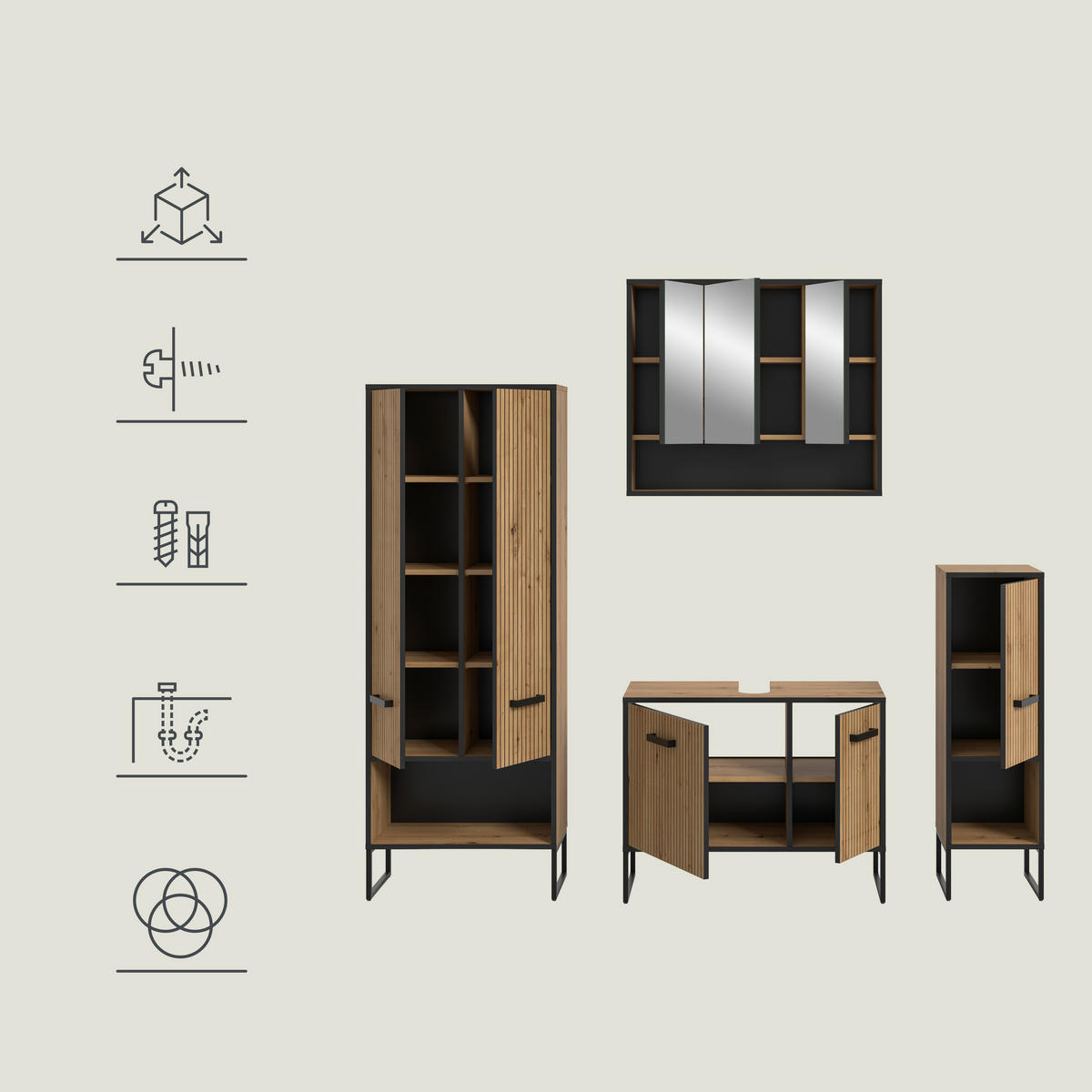 BADRUM 169 cm  - svart/ek Artisan, Trend, metall/trämaterial (169cm) - MID.YOU