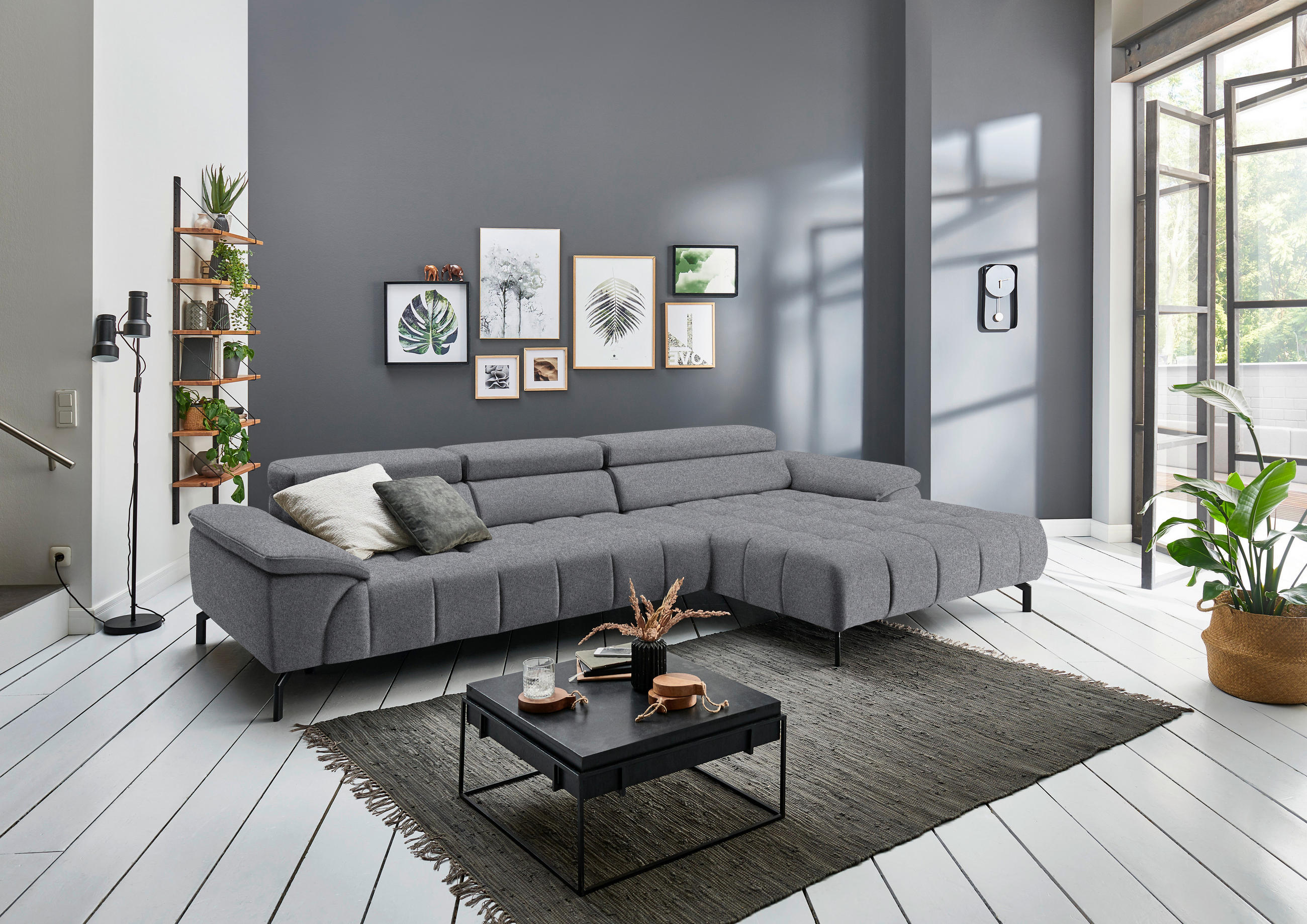 ECKSOFA in Webstoff Grau  - Schwarz/Grau, Design, Textil/Metall (329/190cm) - Beldomo Style