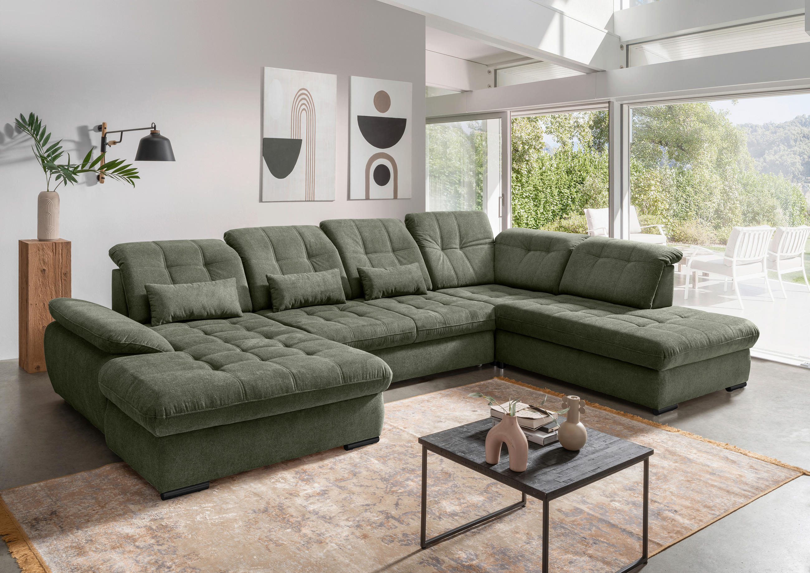 WOHNLANDSCHAFT in Chenille Dunkelgrün  - Dunkelgrün/Schwarz, Modern, Textil/Metall (184/387/252cm) - Livetastic