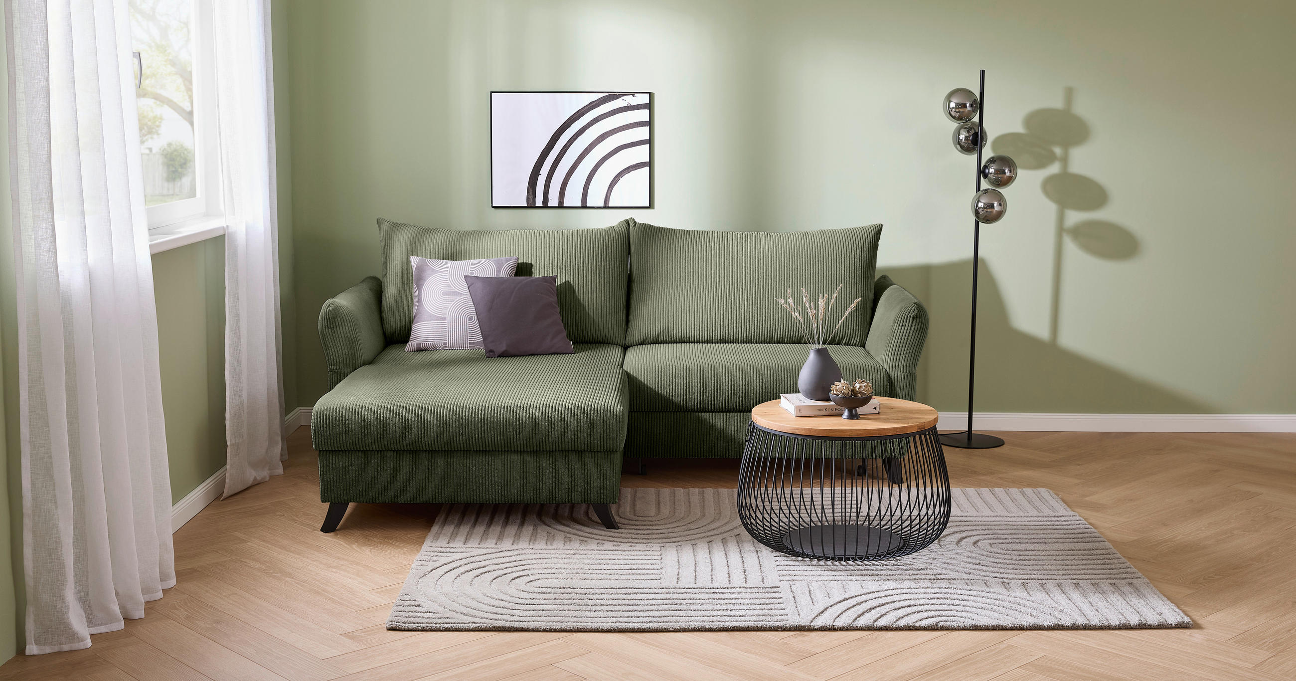 ECKSOFA in Cord Khaki  - Khaki/Schwarz, Romantik / Landhaus, Holz/Textil (245/159cm) - Stylife