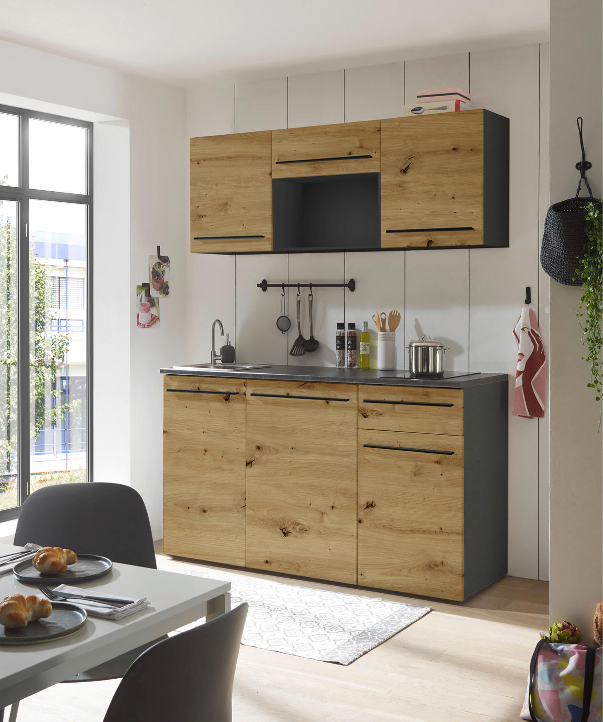 KÜCHENBLOCK   in Anthrazit, Braun, Eiche Artisan  - Anthrazit/Schwarz, Trend, Holzwerkstoff/Kunststoff (160/212/60cm) - MID.YOU