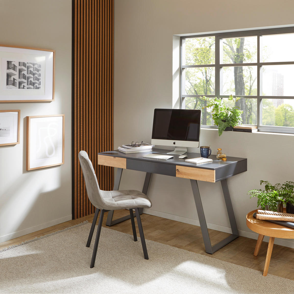 SCHREIBTISCH 140/60/76 cm  in Grau, Eichefarben  - Eichefarben/Grau, MODERN, Holzwerkstoff/Metall (140/60/76cm) - MID.YOU