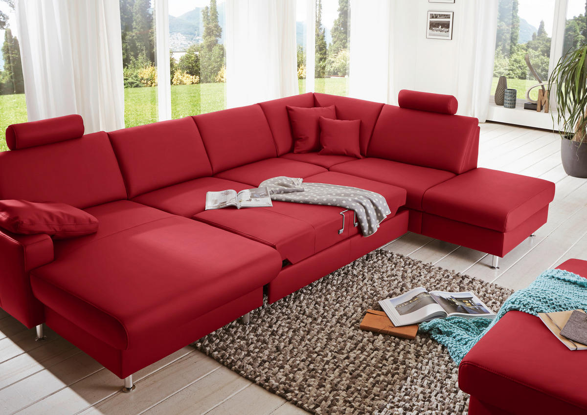 WOHNLANDSCHAFT in Echtleder Rot  - Rot/Alufarben, Design, Leder/Metall (165/339/233cm) - Beldomo Premium