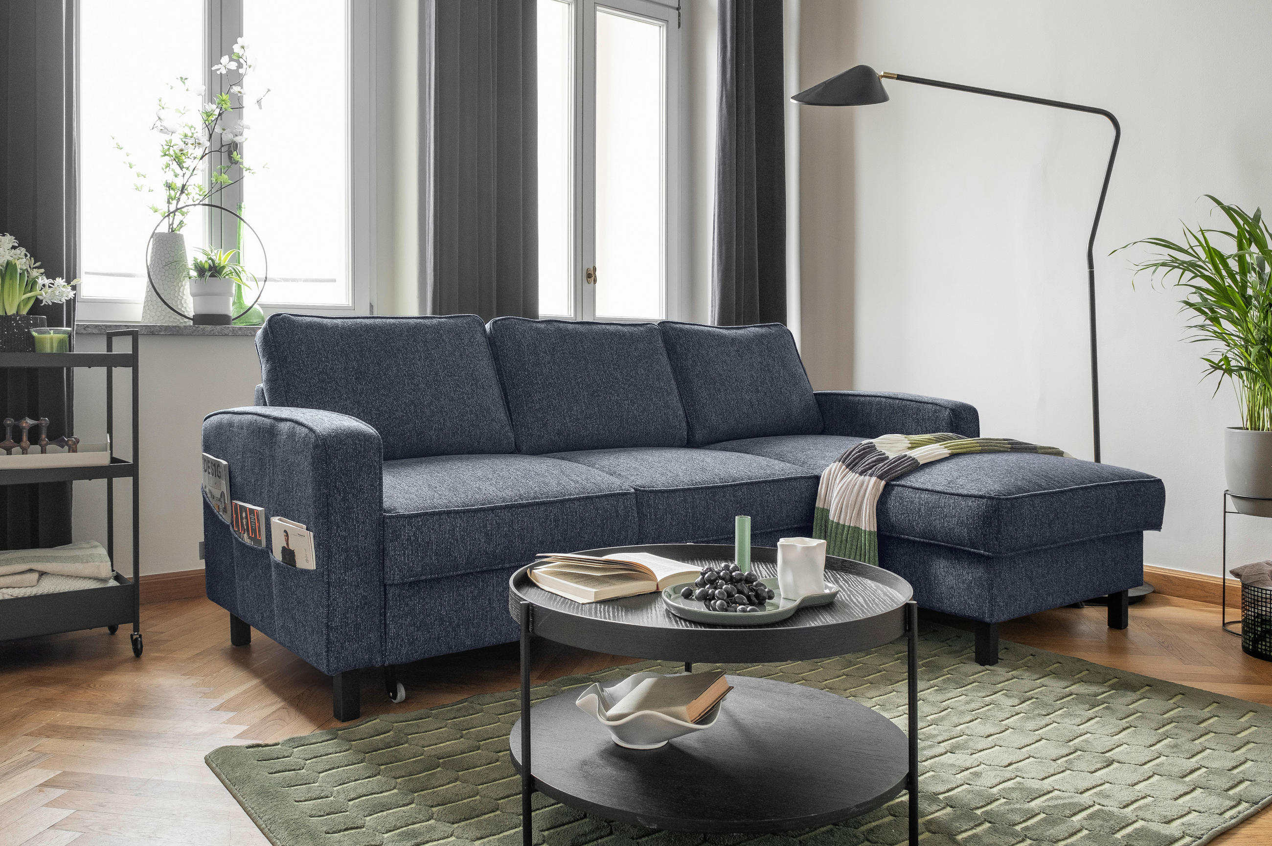 ECKSOFA in Struktur Dunkelblau  - Schwarz/Dunkelblau, Holz/Textil (228/148cm) - MID.YOU