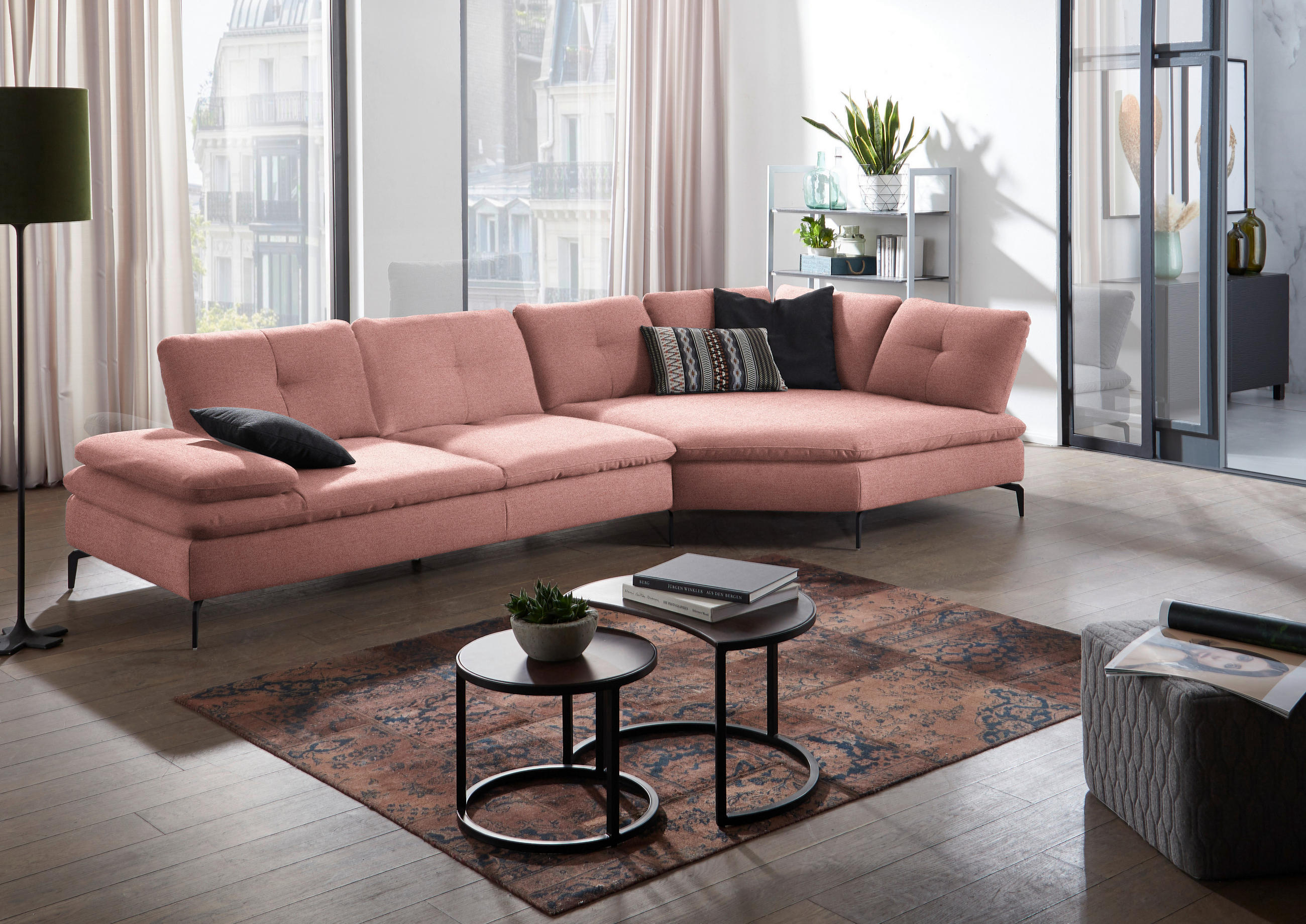 ECKSOFA in Flachgewebe Altrosa  - Schwarz/Altrosa, Design, Textil/Metall (344/157cm) - Chilliano
