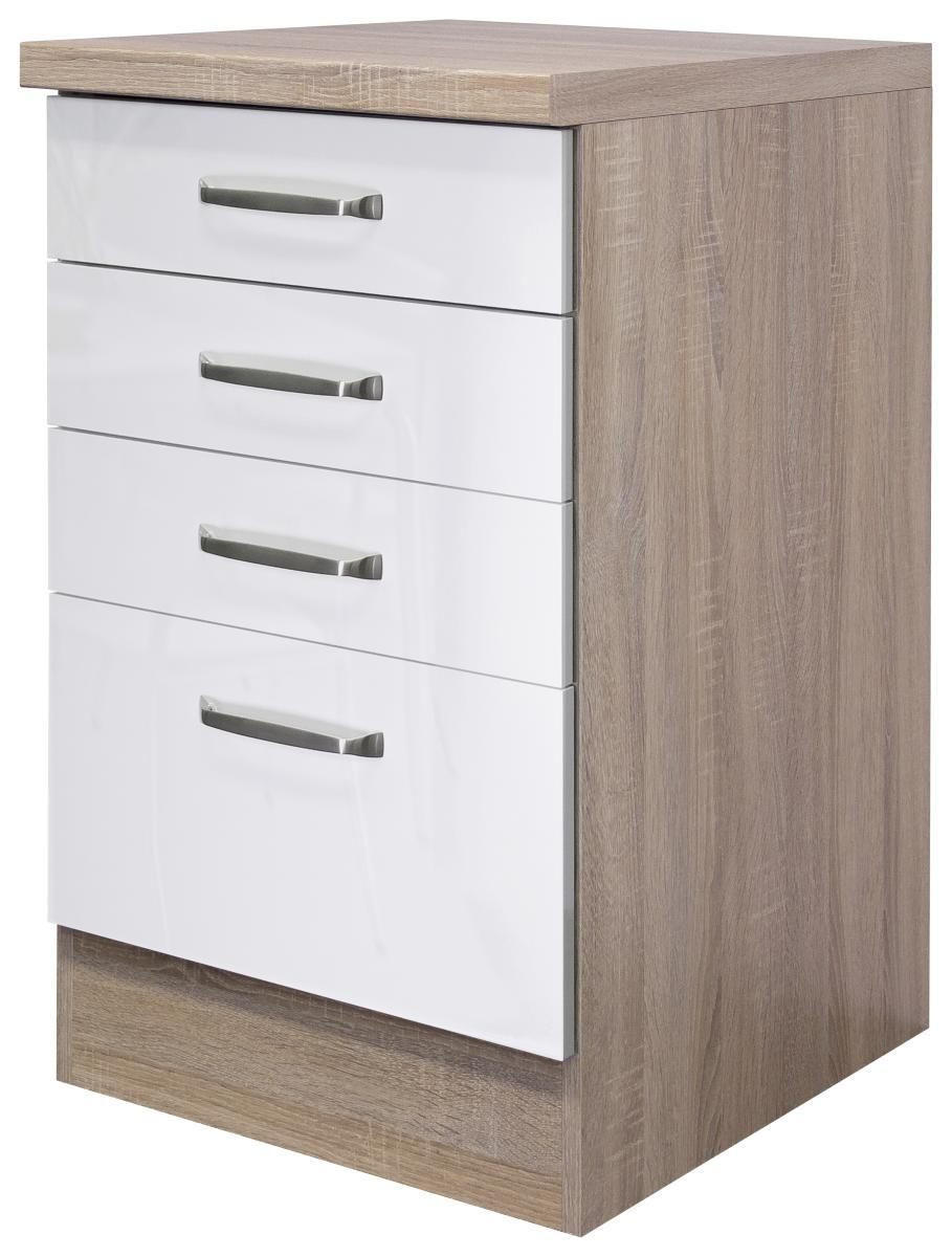 SCHUBKASTENUNTERSCHRANK 50/86/60 cm  in Sonoma Eiche, Weiß Hochglanz  - Edelstahlfarben/Weiß Hochglanz, MODERN, Holzwerkstoff/Metall (50/86/60cm) - FlexWell
