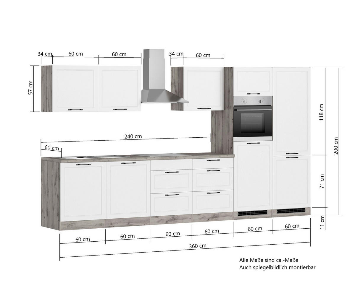 KÜCHENBLOCK 360 cm   in Grau, Eiche Wotan  - Eiche Wotan/Schwarz, LIFESTYLE, Holzwerkstoff/Metall (360cm) - Held