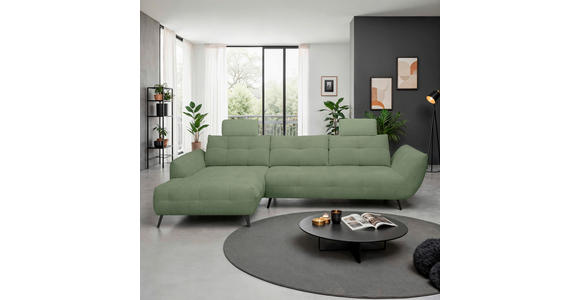 ECKSOFA Salbeigrün Chenille Armlehnenkissen, Rücken echt, Sitztiefenverstellung  - Salbeigrün/Schwarz, KONVENTIONELL, Textil/Metall (215/313cm) - Hom`in