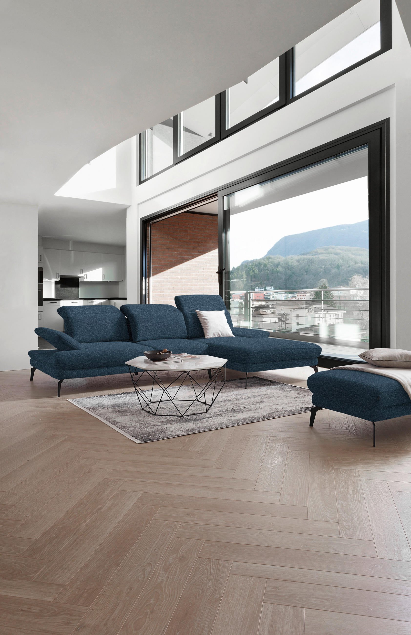 ECKSOFA in Webstoff Blau  - Blau/Schwarz, Design, Textil/Metall (289/180cm) - Stylife