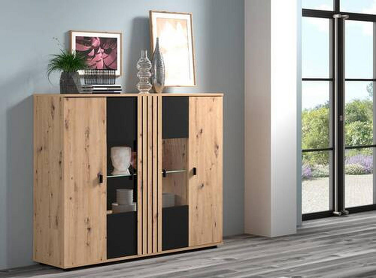 HIGHBOARD  in 140,1/115/38 cm  - Schwarz/Eiche Artisan, KONVENTIONELL, Glas/Holzwerkstoff (140,1/115/38cm) - Carryhome