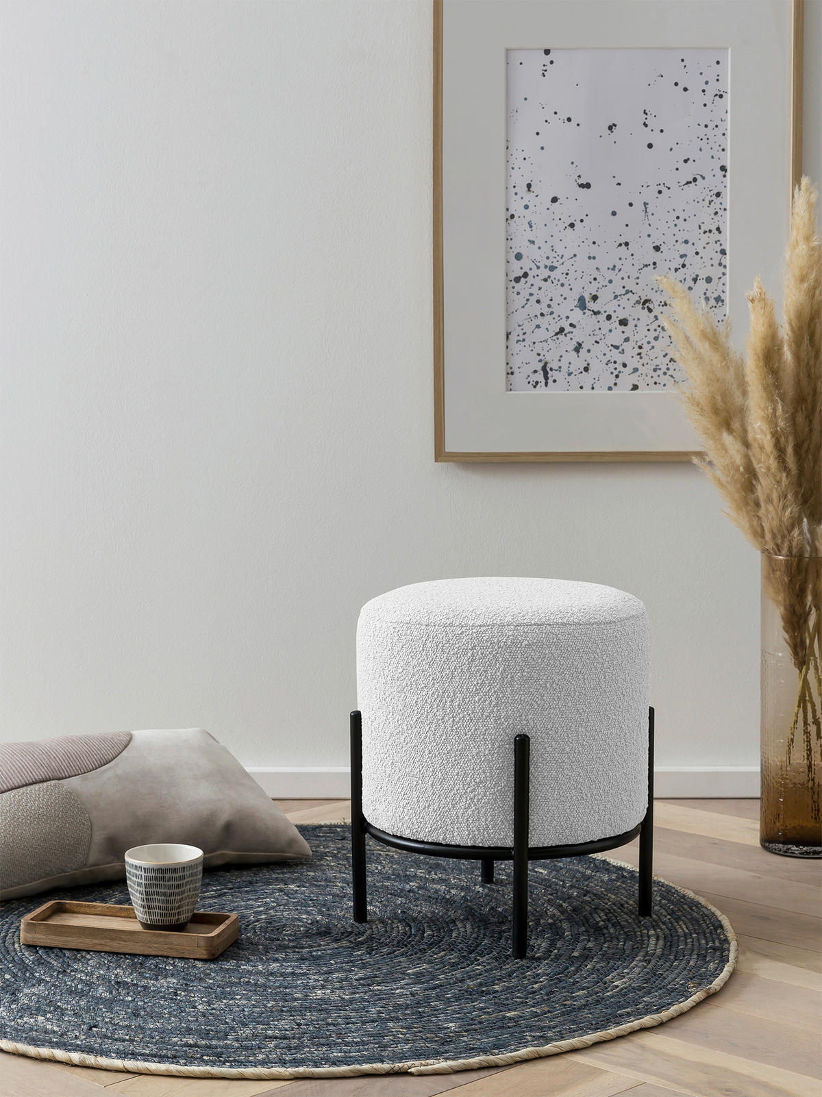 HOCKER Bouclé Schwarz, Weiß  - Schwarz/Weiß, MODERN, Textil/Metall (35/38/35cm) - Livetastic